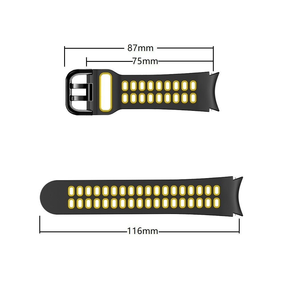 Zwei schwarze Uhrenarmbänder mit gelben Details und Maßen. Das obere ist 87 mm, das untere 116 mm lang.
