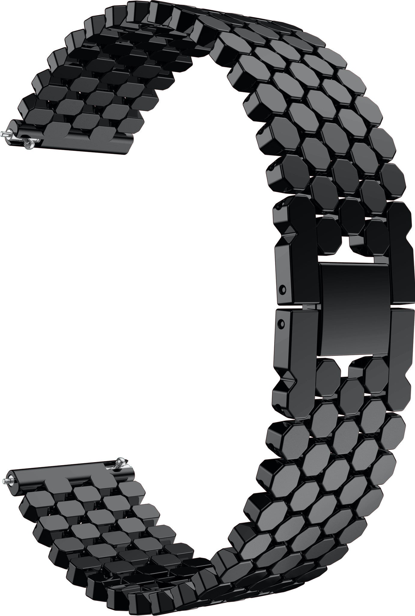 Ein schwarzes Uhrenarmband mit sechseckigen Gliedern. Das Band verläuft bogenförmig vor weißem Hintergrund. Das Band besteht aus Metall.