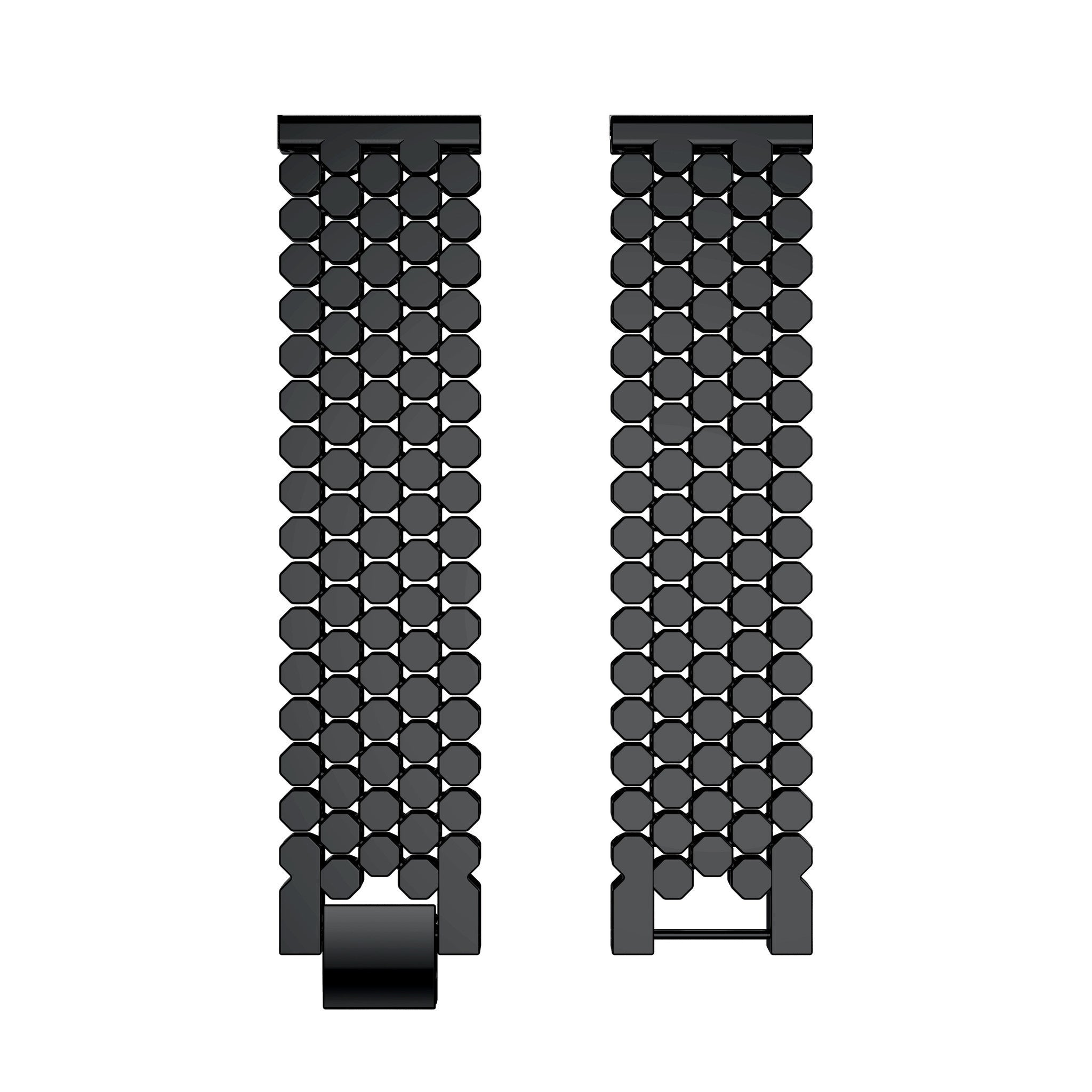 Zwei schwarze Uhrenarmbänder, jedes aus vielen kleinen, dunklen achteckigen Formen in vertikalen Reihen, auf weißem Hintergrund.