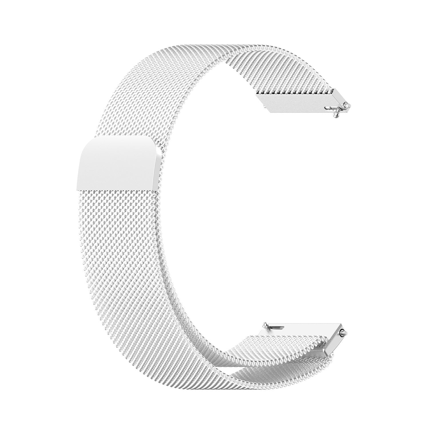 Ein silbernes Uhrenarmband aus Mesh-Material ist gebogen. Es hat einen Verschluss und Befestigungspunkte, alles vor weißem Hintergrund.