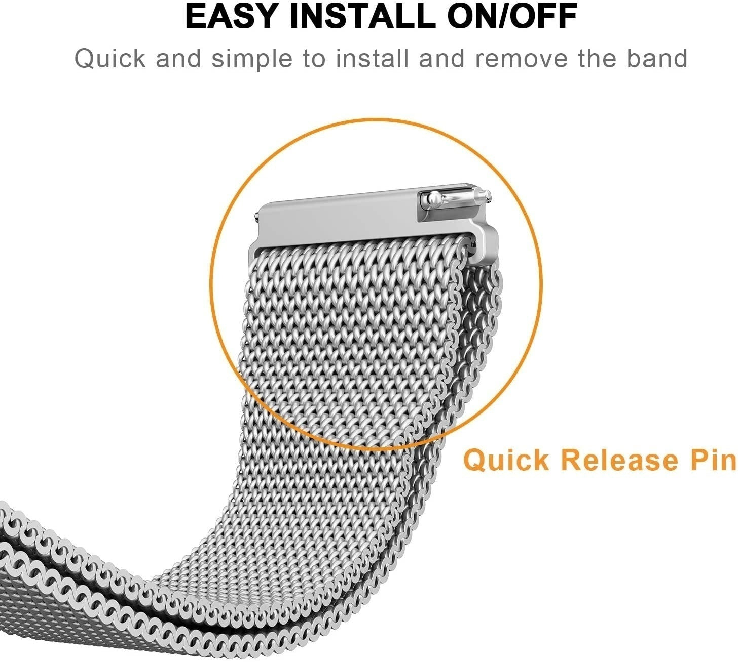 Ein silbernes Uhrenarmband mit Schnellverschlussstift. Der Text lautet 'Easy Install On/Off' und 'Quick Release Pin' mit einem goldenen Kreis.