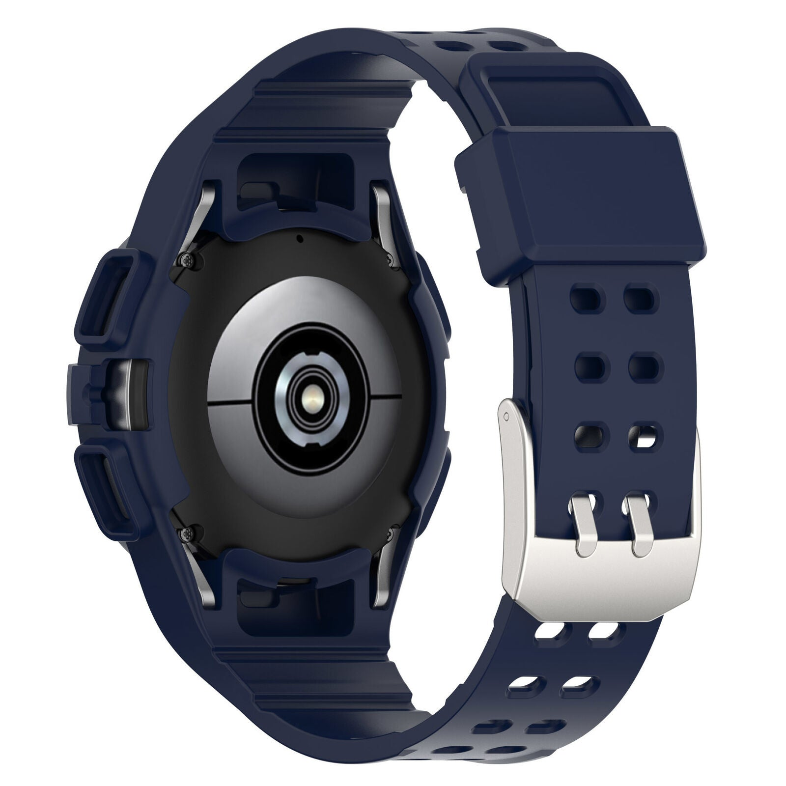 Eine dunkelblaue Smartwatch mit silberner Schnalle. Die Rückseite der Uhr ist schwarz und silber.
