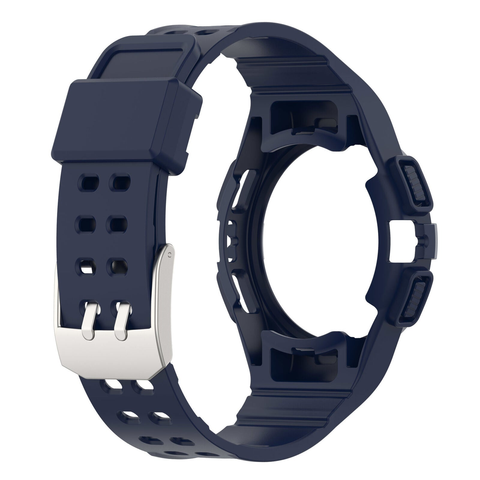 Ein dunkelblaues Uhrenarmband mit silberner Schnalle vor weißem Hintergrund. Es hat eine kreisförmige Form.