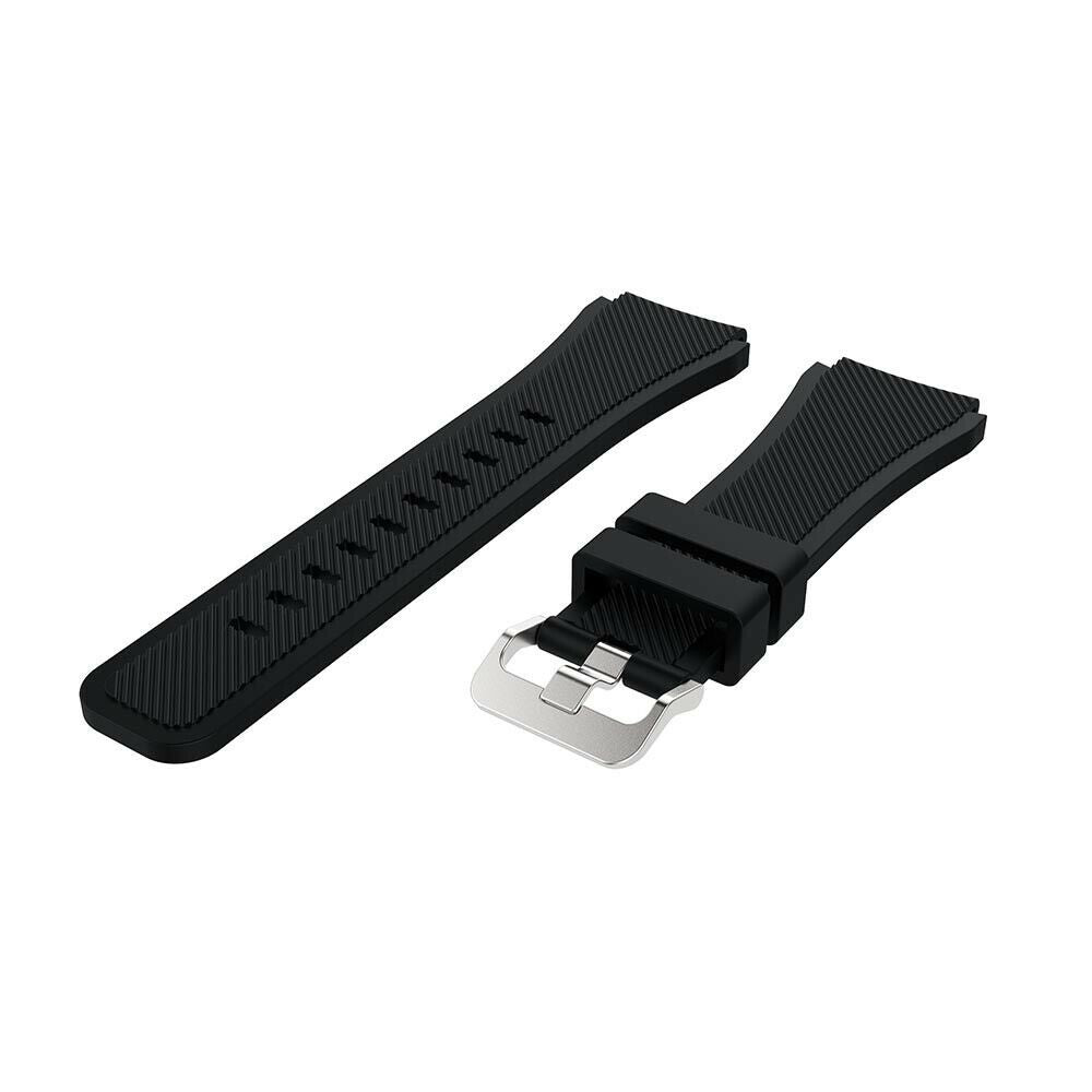 Zwei schwarze Uhrenarmbänder mit strukturierten Oberflächen liegen auf weißem Grund. Eines hat eine silberne Schnalle.