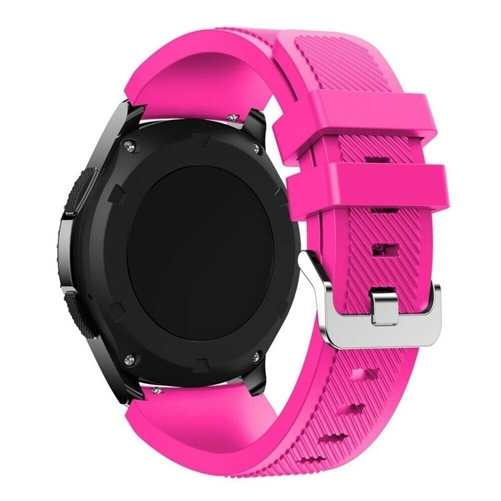 Eine schwarze Smartwatch mit einem hellrosa Armband, Schnalle und Gehäuse. Die Uhr ist zentriert und zeigt die Rückseite und das Armband.