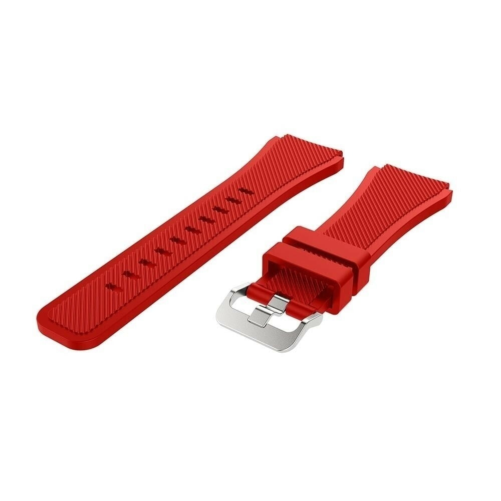 Zwei rote Uhrenarmbänder mit silberner Schnalle auf weißem Hintergrund. Ein Armband ist abgetrennt.