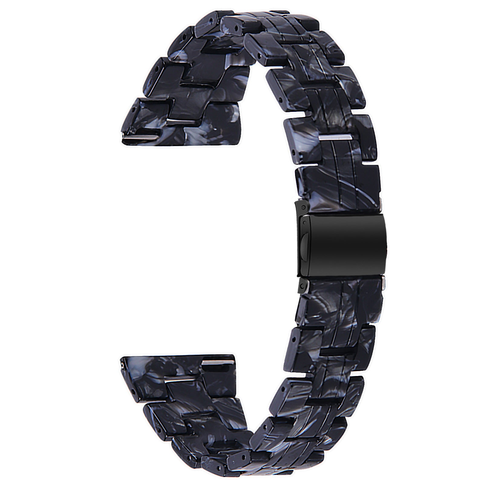 Ein schwarz-grau gemustertes Uhrenarmband. Es besteht aus rechteckigen Gliedern mit einem schwarzen Verschluss.
