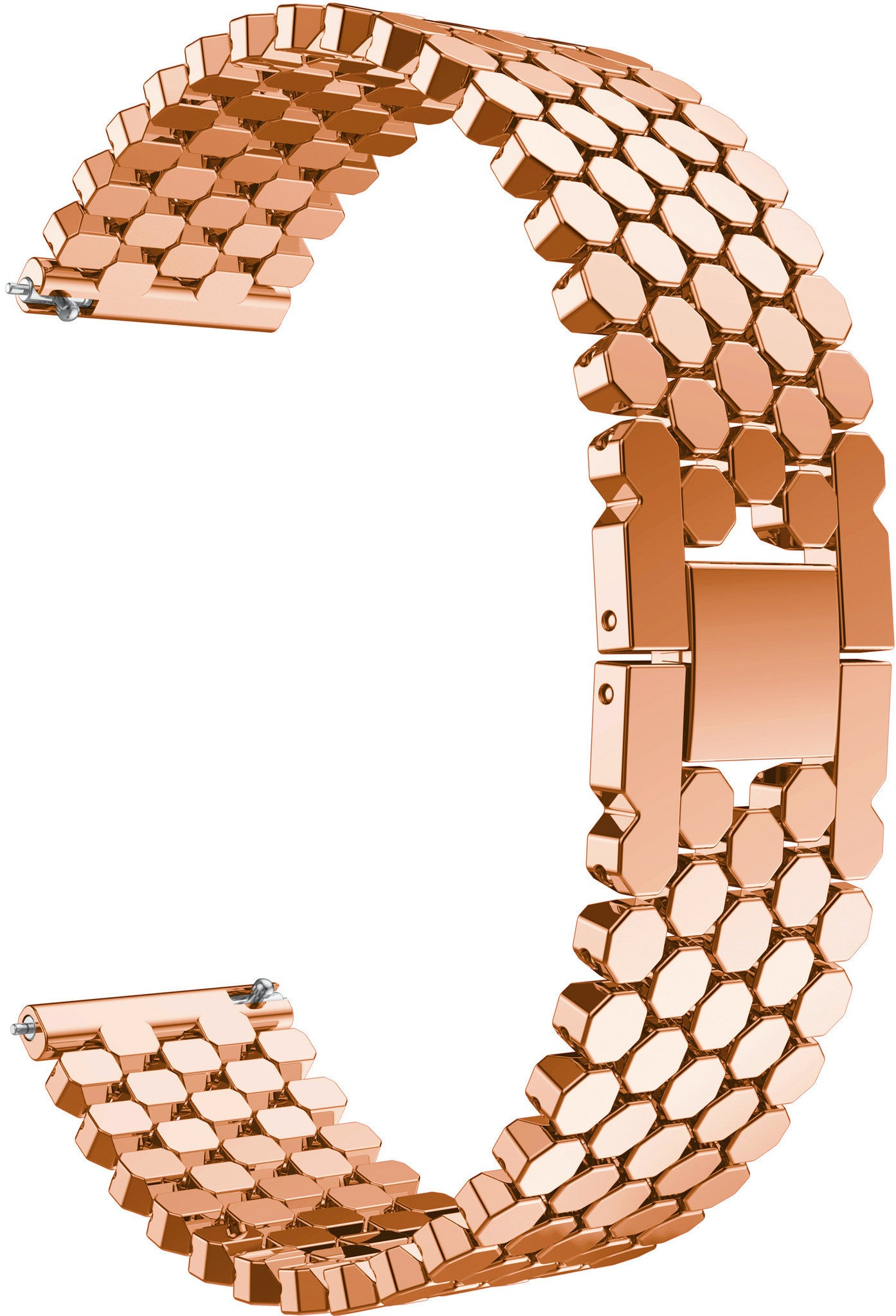 Ein roségoldenes Uhrenarmband mit Wabenmuster. Das Armband ist gebogen und hat einen weißen Hintergrund. Es ist halbkreisförmig.