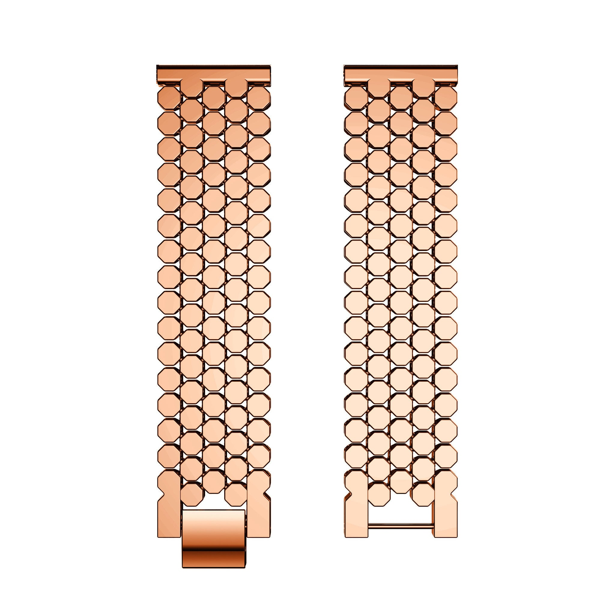 Zwei kupferfarbene Uhrenarmbänder, jedes aus verbundenen achteckigen Gliedern. Sie haben unten einen Verschluss und befinden sich auf weißem Hintergrund.