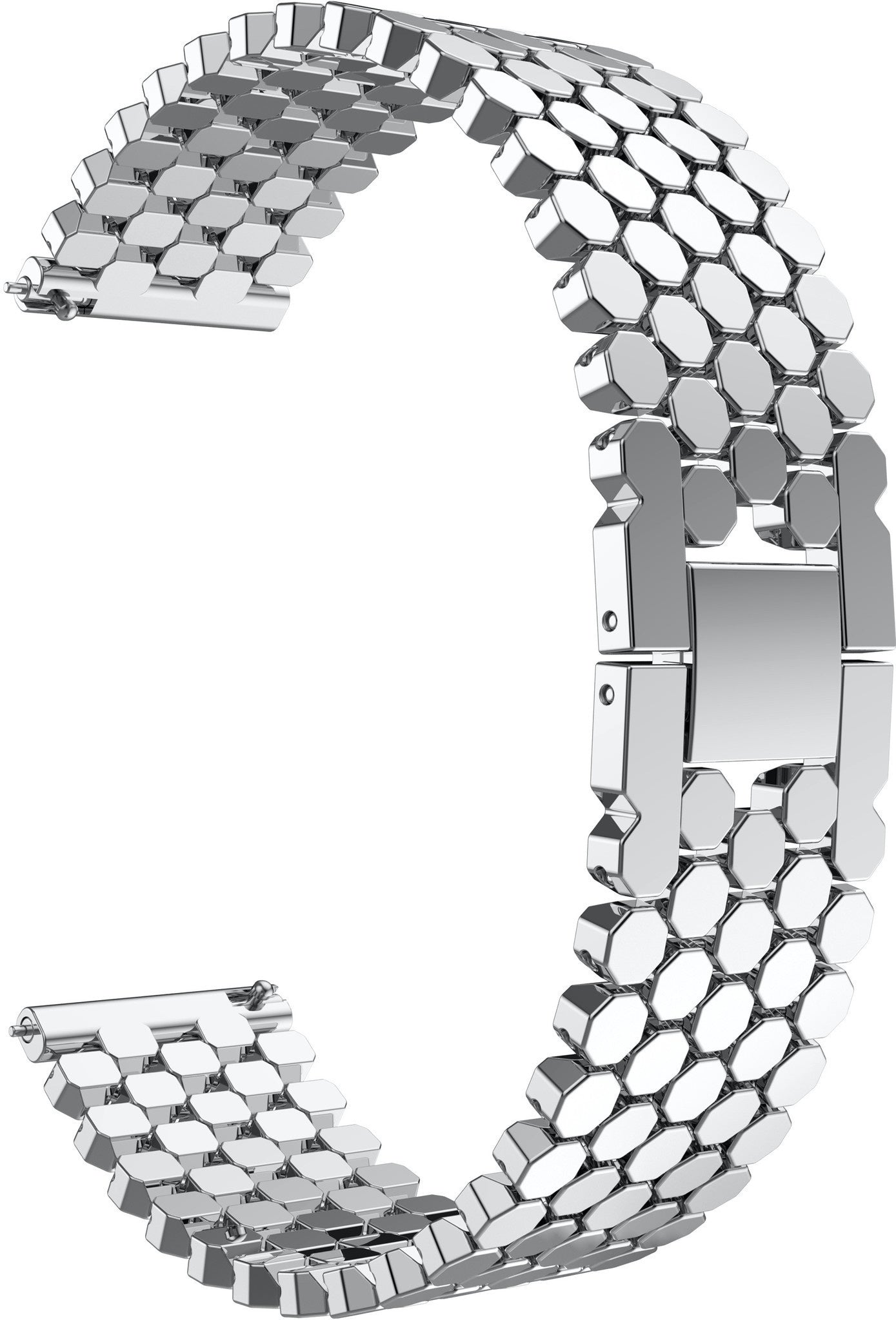 Ein silbernes Metall-Armband. Es hat ein einzigartiges Design mit sechseckigen Gliedern und einem rechteckigen Verschluss. Der Hintergrund ist weiß.