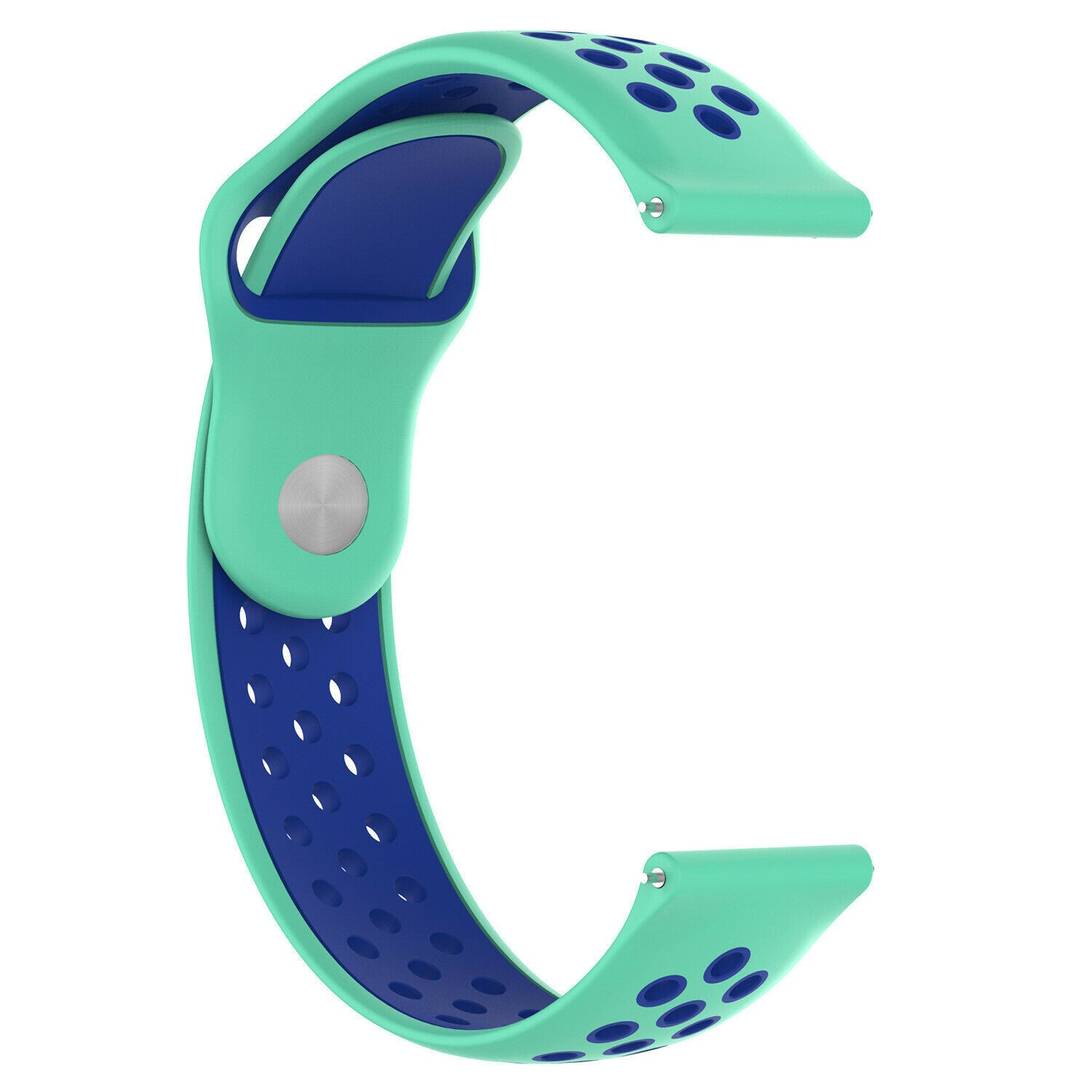 Ein zweifarbiges Uhrenarmband. Die äußere Schicht ist türkis, die innere Schicht ist dunkelblau. Es hat kleine Löcher und Metallstifte.