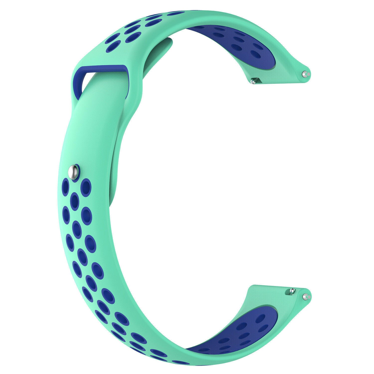 Ein hellgrünes Uhrenarmband mit blauen Akzenten. Es hat blaue Löcher und blaue Details auf der Innenseite. Der Hintergrund ist weiß.