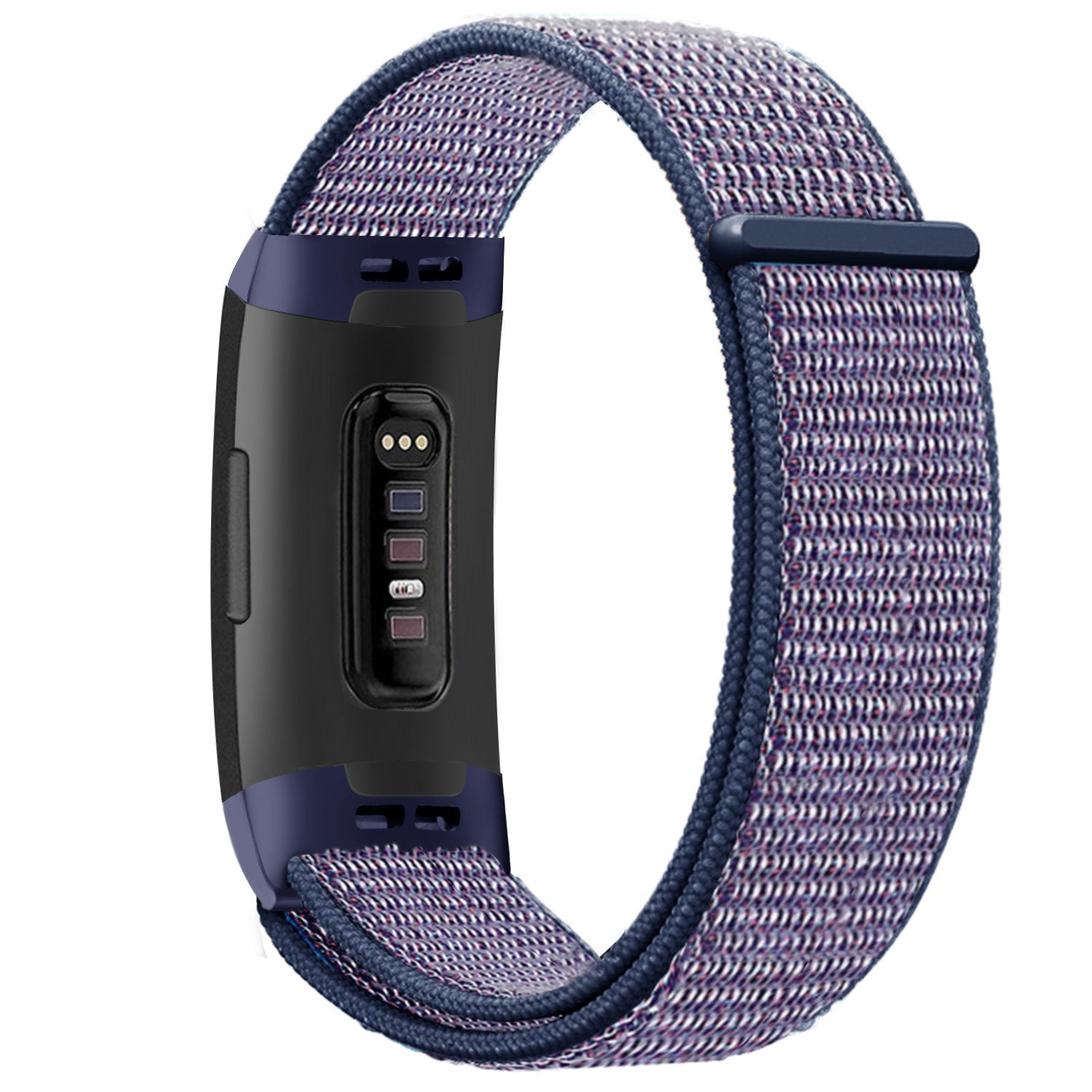 Ein Smartwatch-Armband mit einem lila-blauen gewebten Riemen. Das Zifferblatt ist schwarz und zeigt drei Punkte und Rechtecke.