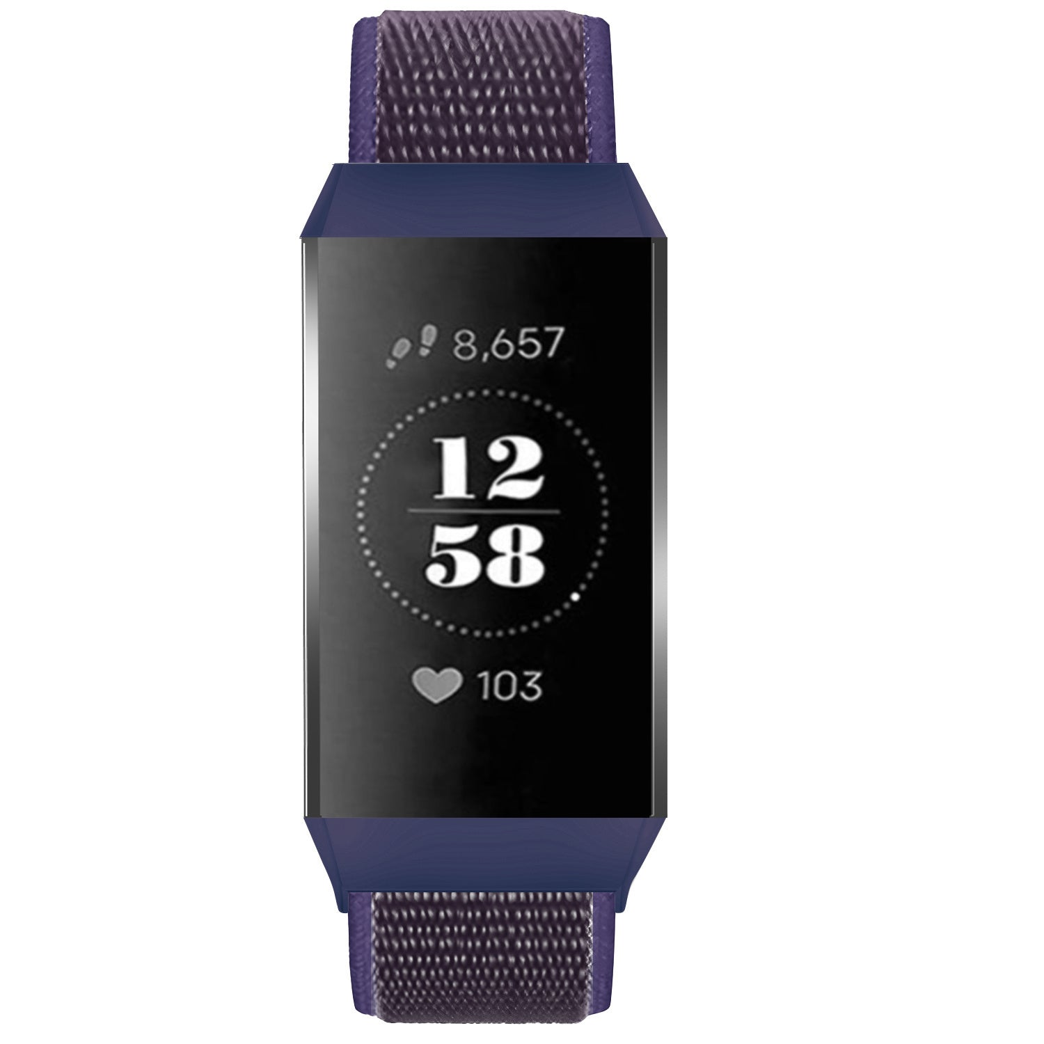 Eine dunkelblaue Smartwatch zeigt Zeit, Schritte und Herzfrequenz an. Das Armband ist ein dunkelvioletter Stoff. Der Bildschirm zeigt 8.657 Schritte, 12:58 und 103 Herzfrequenz.