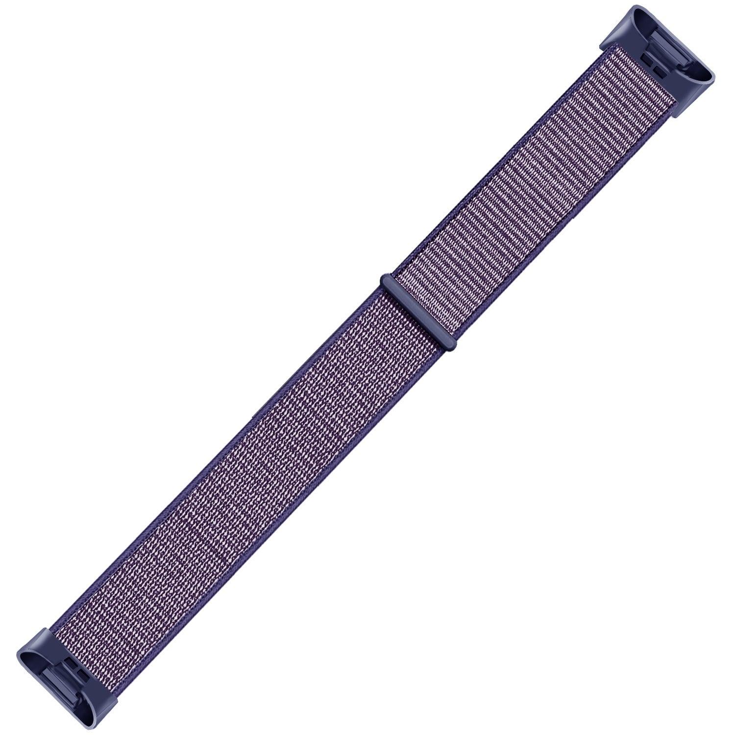 Ein lila Uhrenarmband mit gewebter Textur und dunkelblauen Verbindern an jedem Ende. Der Hintergrund ist weiß.
