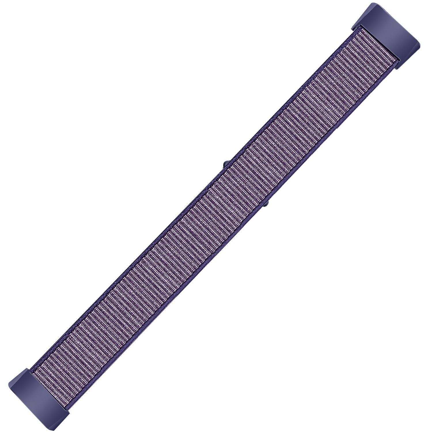 Ein lila-weiß gestreiftes Uhrenarmband mit dunkelvioletten Endstücken auf weißem Hintergrund.
