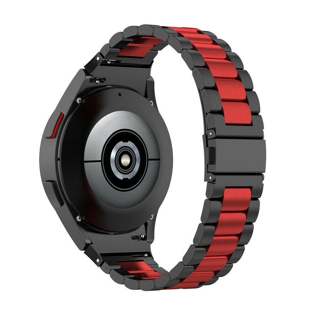 Schwarze Smartwatch mit rotem und schwarzem Armband. Die Uhr ist rund und hat eine schwarze Rückseite mit Sensoren. Das Armband ist aus Metall.