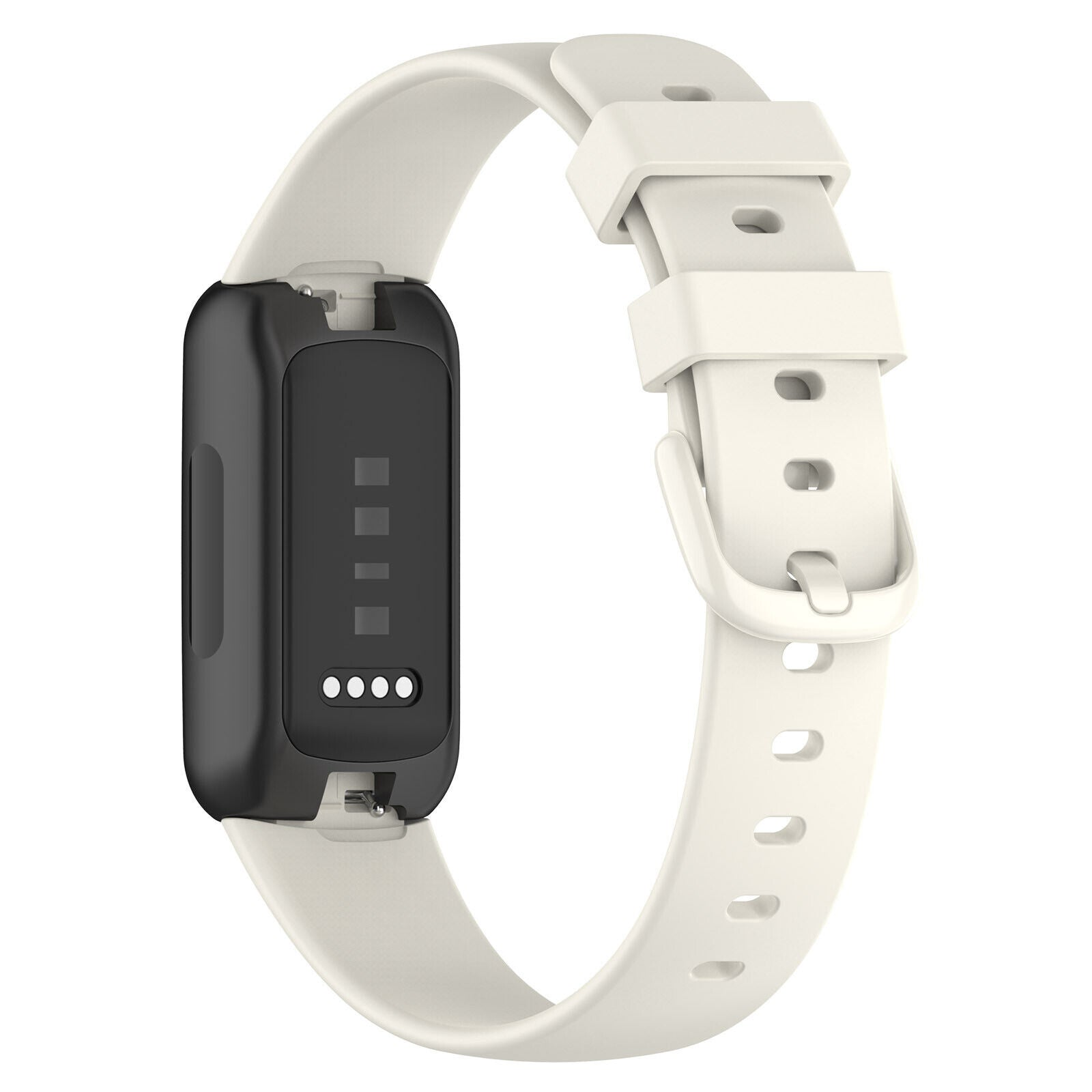 Ein weißer Fitness-Tracker mit schwarzem Bildschirm. Das Band ist weiß, der Verschluss ist geschlossen. Vier Punkte sind sichtbar.