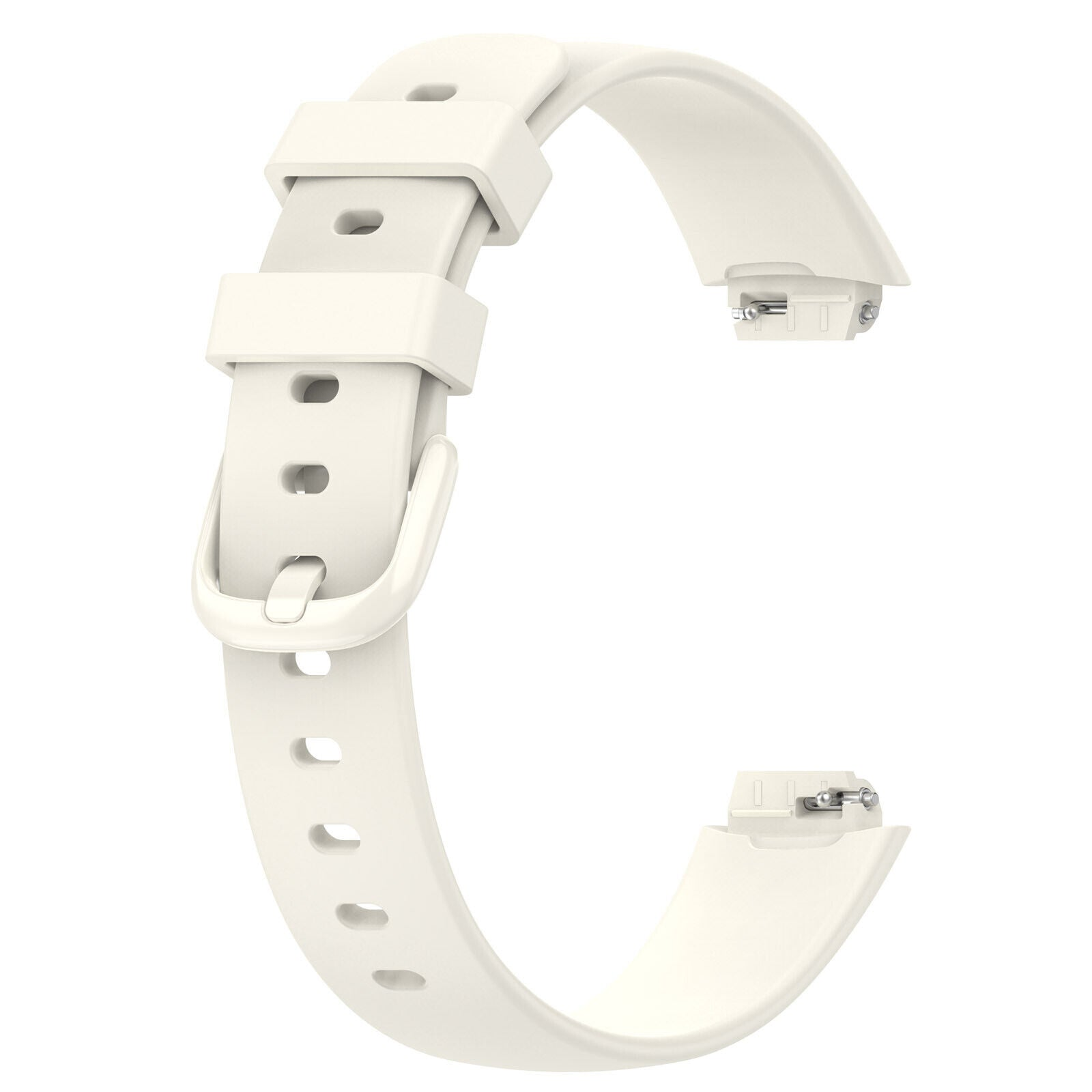 Cremefarbenes Uhrenarmband mit Schnalle und Stift. Das Armband ist gebogen und hat Löcher. Der Hintergrund ist weiß.