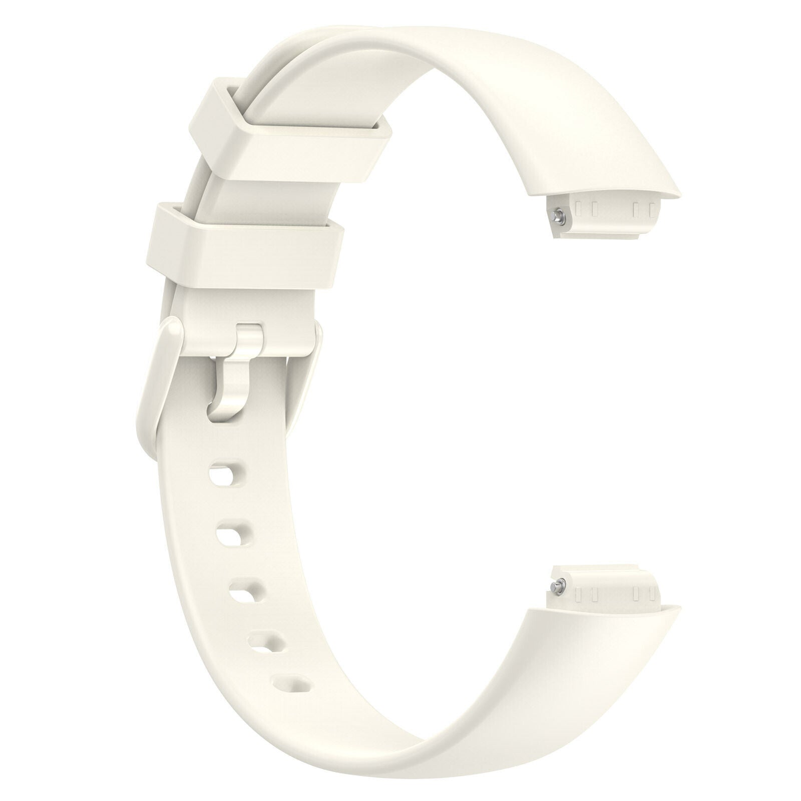 Ein cremefarbenes Uhrenarmband, gebogene Form, Schnallenverschluss und Stiftanschlüsse. Isoliert auf weißem Hintergrund.