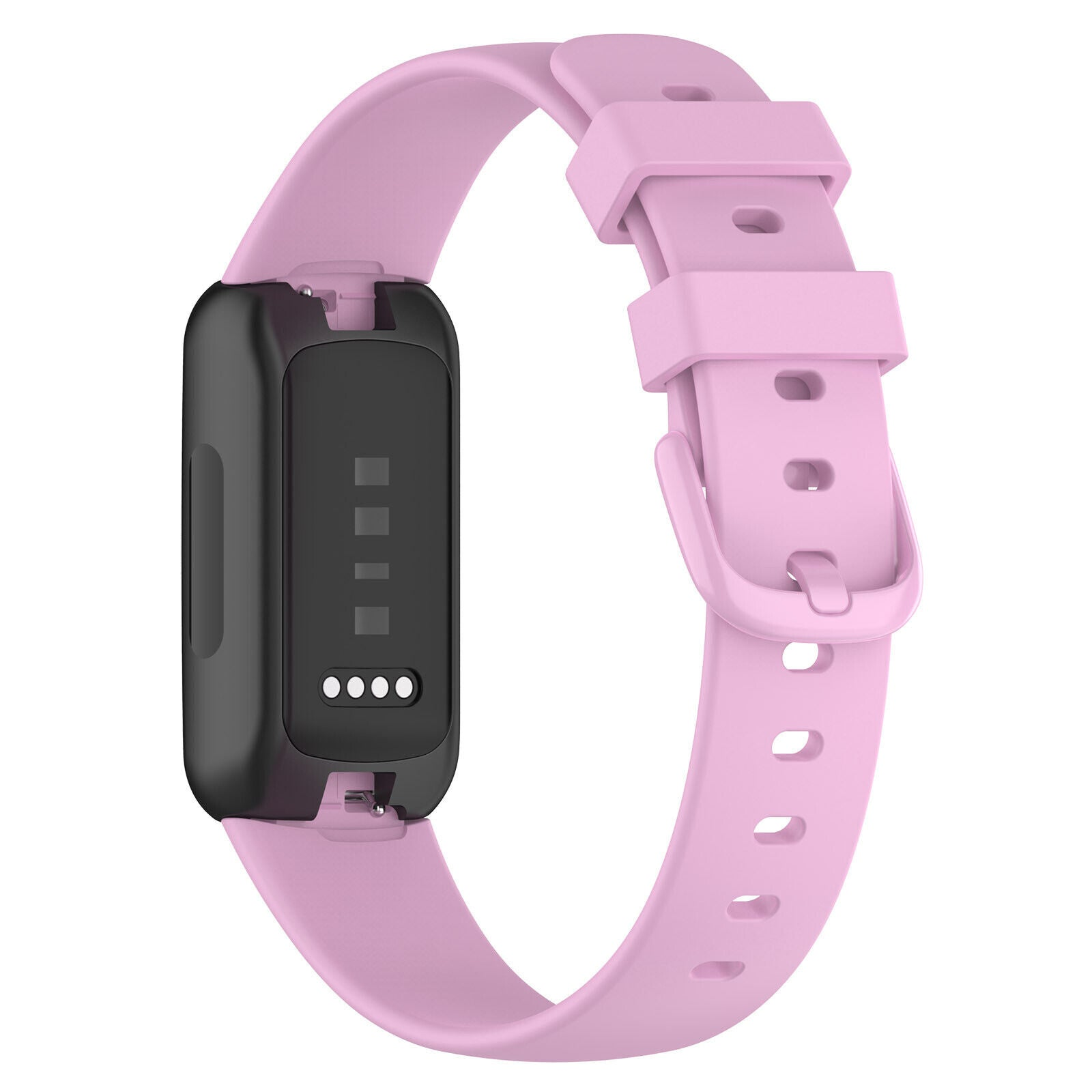 Eine rosa Smartwatch mit schwarzem Bildschirm. Das Armband ist rosa mit einer Schnalle. Der Bildschirm zeigt Punkte.
