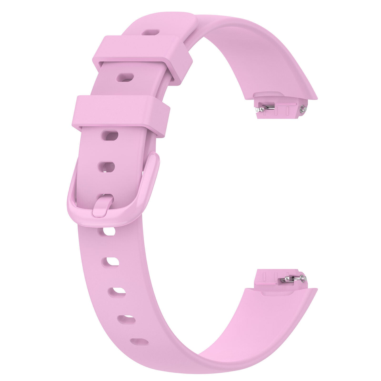 Ein hellrosa Smartwatch-Armband. Das Armband ist in C-Form gebogen. Es hat eine Schnalle und Löcher zur Einstellung.