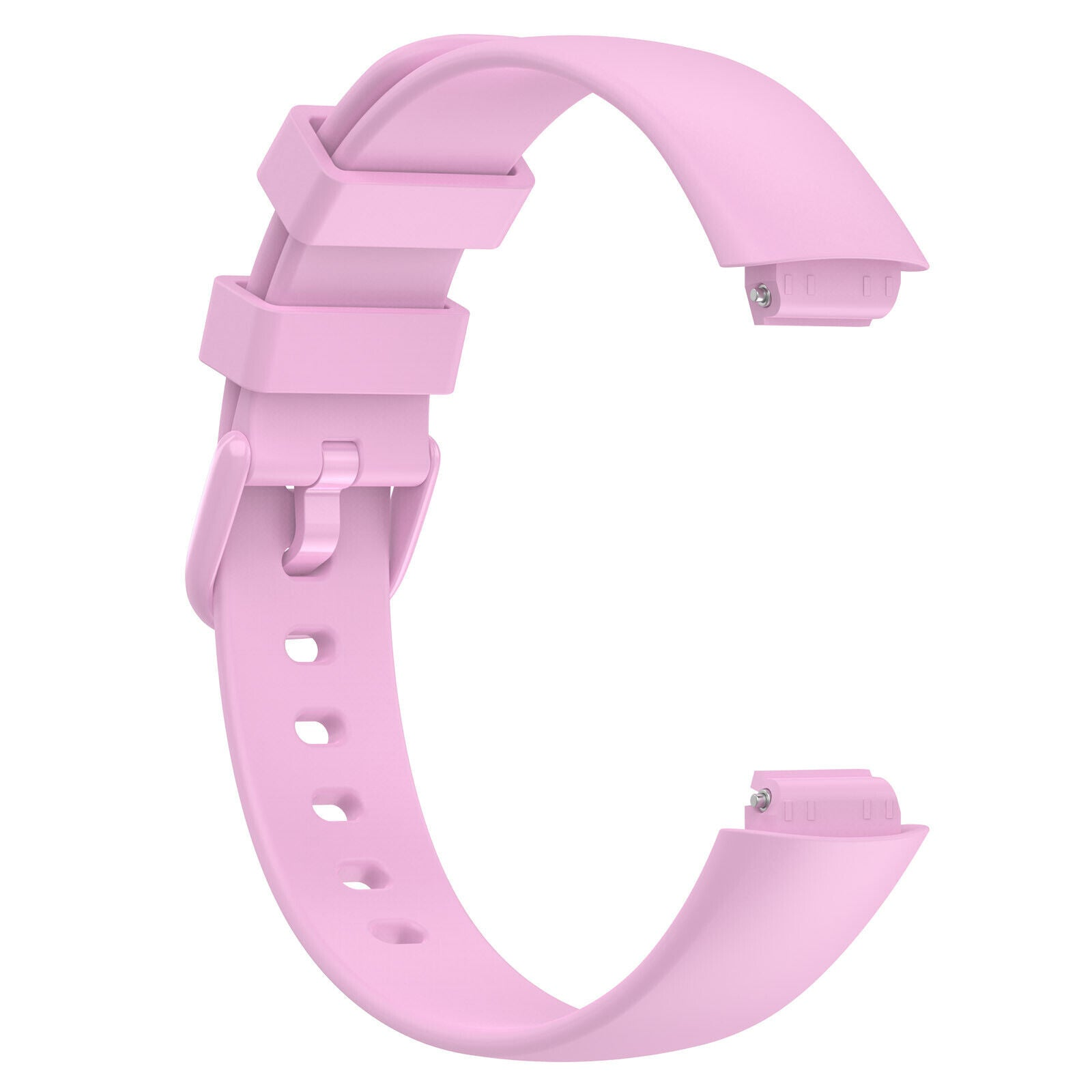 Ein rosa Uhrenarmband in C-Form. Es hat eine Schnalle und mehrere Löcher. Der Hintergrund ist weiß.