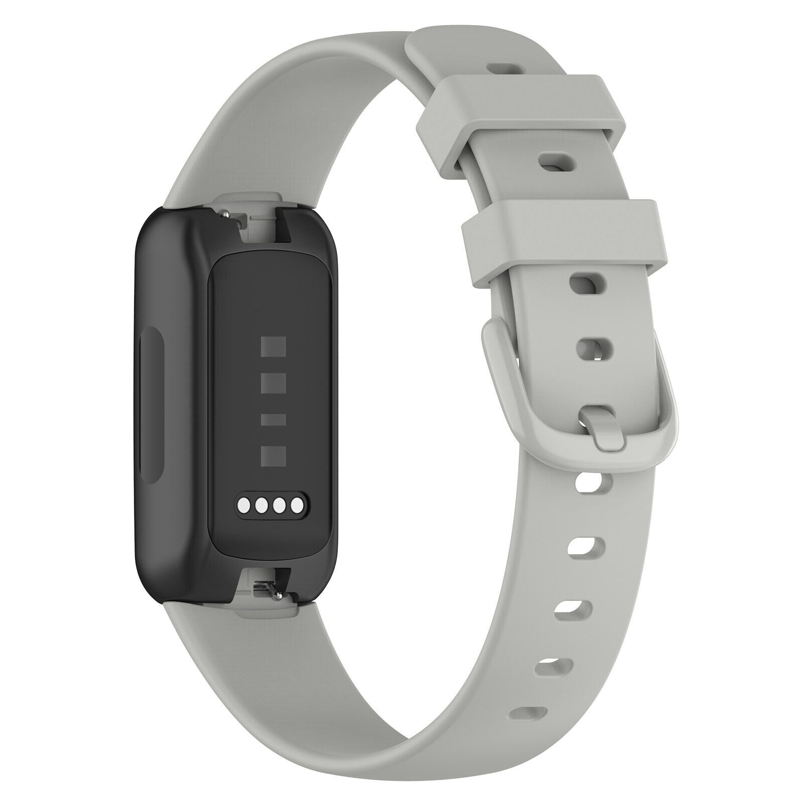 Ein grauer Fitnesstracker mit schwarzem Bildschirm und hellgrauem Armband. Der Bildschirm zeigt Statuslichter. Das Band hat eine Schnalle.