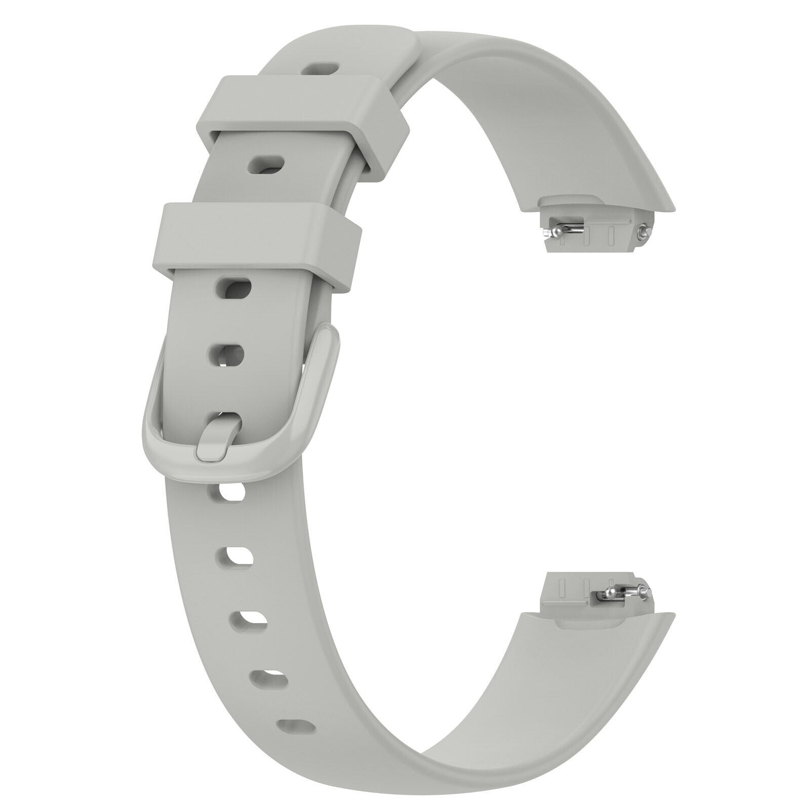Ein hellgraues Uhrenarmband vor weißem Hintergrund. Das Armband hat Löcher und eine Schnalle zur Anpassung.