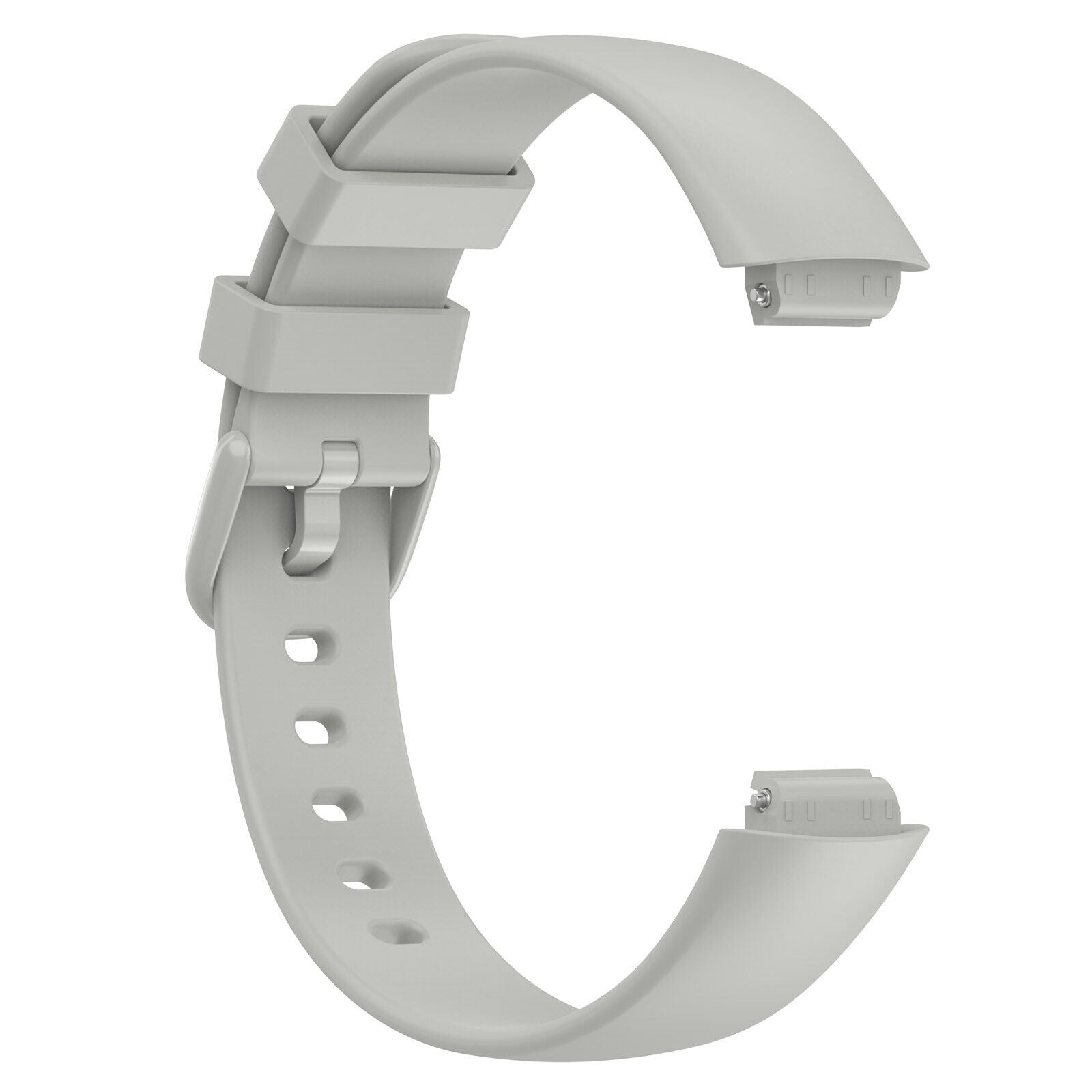 Ein hellgraues, gebogenes Uhrenarmband auf weißem Hintergrund. Es hat eine Schnalle und Löcher zur Anpassung. Das Band hat C-Form.