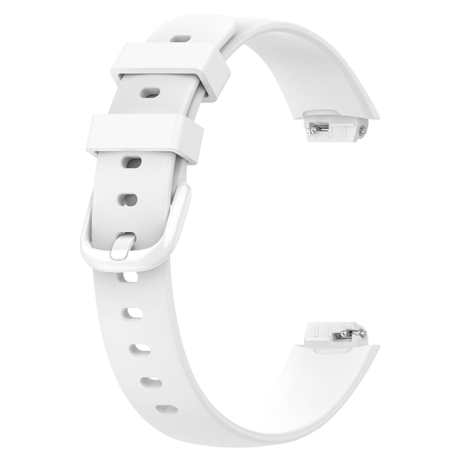 Ein weißes Uhrenarmband in C-Form. Es hat eine Schnalle, Löcher zur Anpassung und Anschlüsse für das Uhrengehäuse.