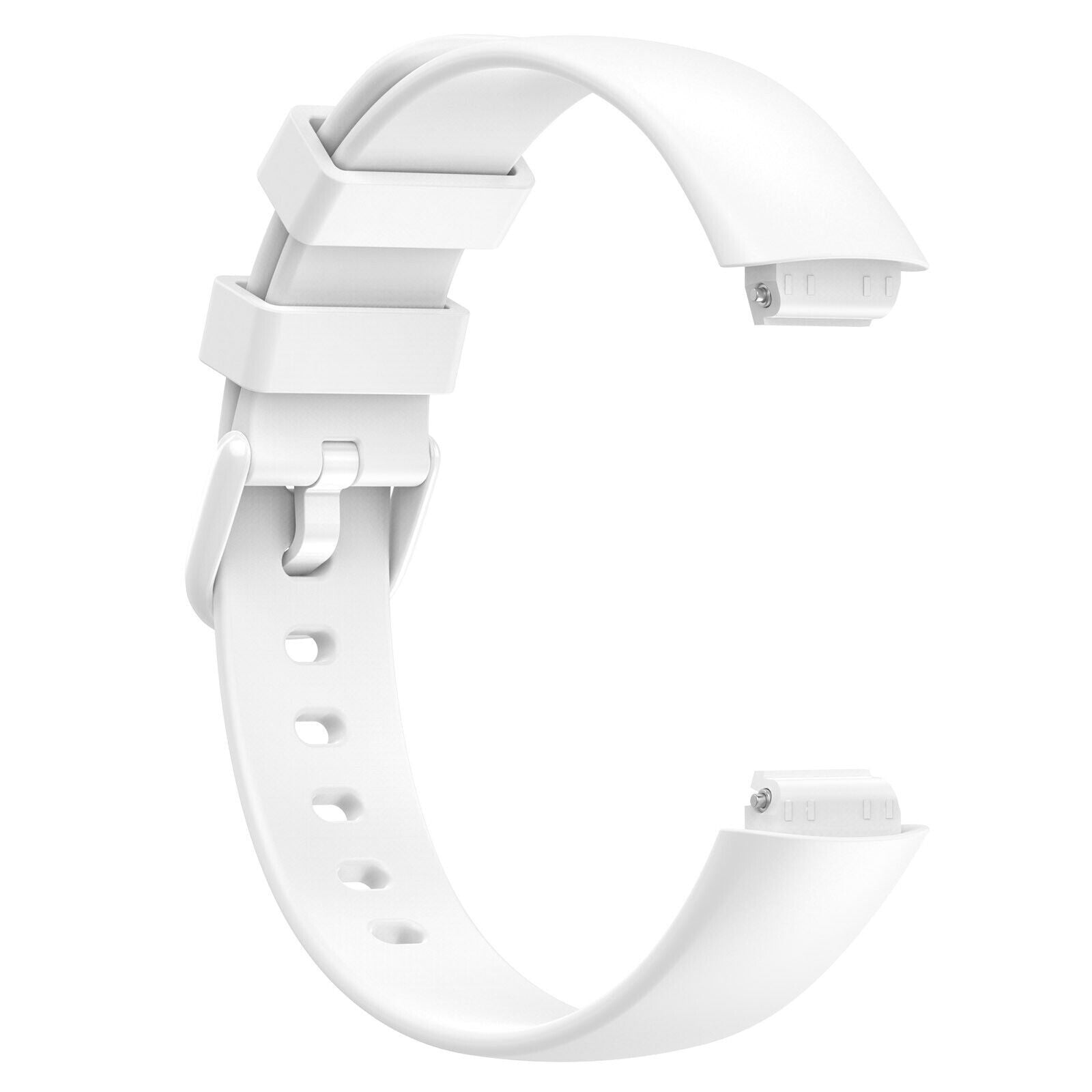Ein weißes Uhrenarmband vor weißem Hintergrund. Das Armband ist gebogen und hat eine Schnalle und Löcher.