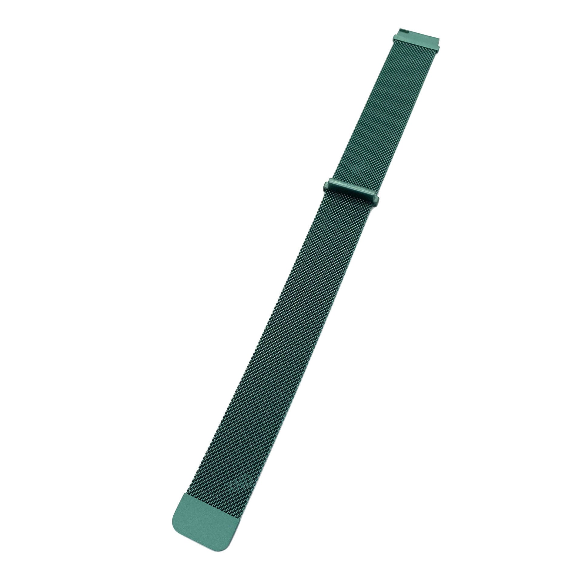 Ein grünes Uhrenarmband. Es besteht aus einem Mesh-Material. Das Armband ist abgewinkelt, mit einem Verbinder in der Mitte.