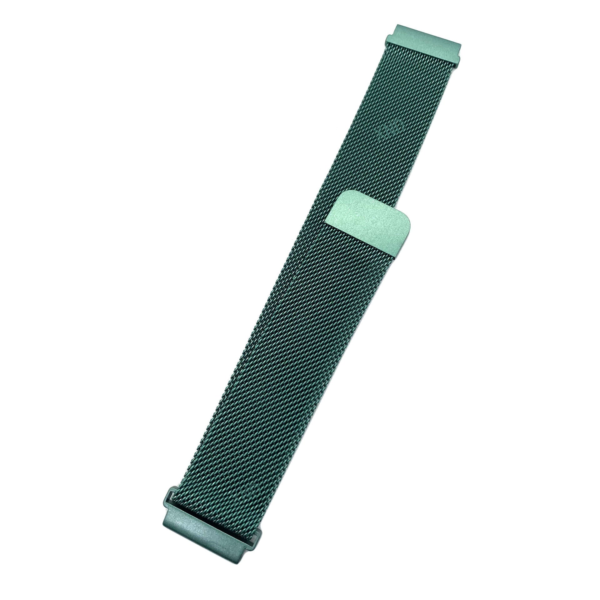 Ein metallisches Uhrenarmband mit Netzmuster, in Türkis, liegt vor weißem Hintergrund.