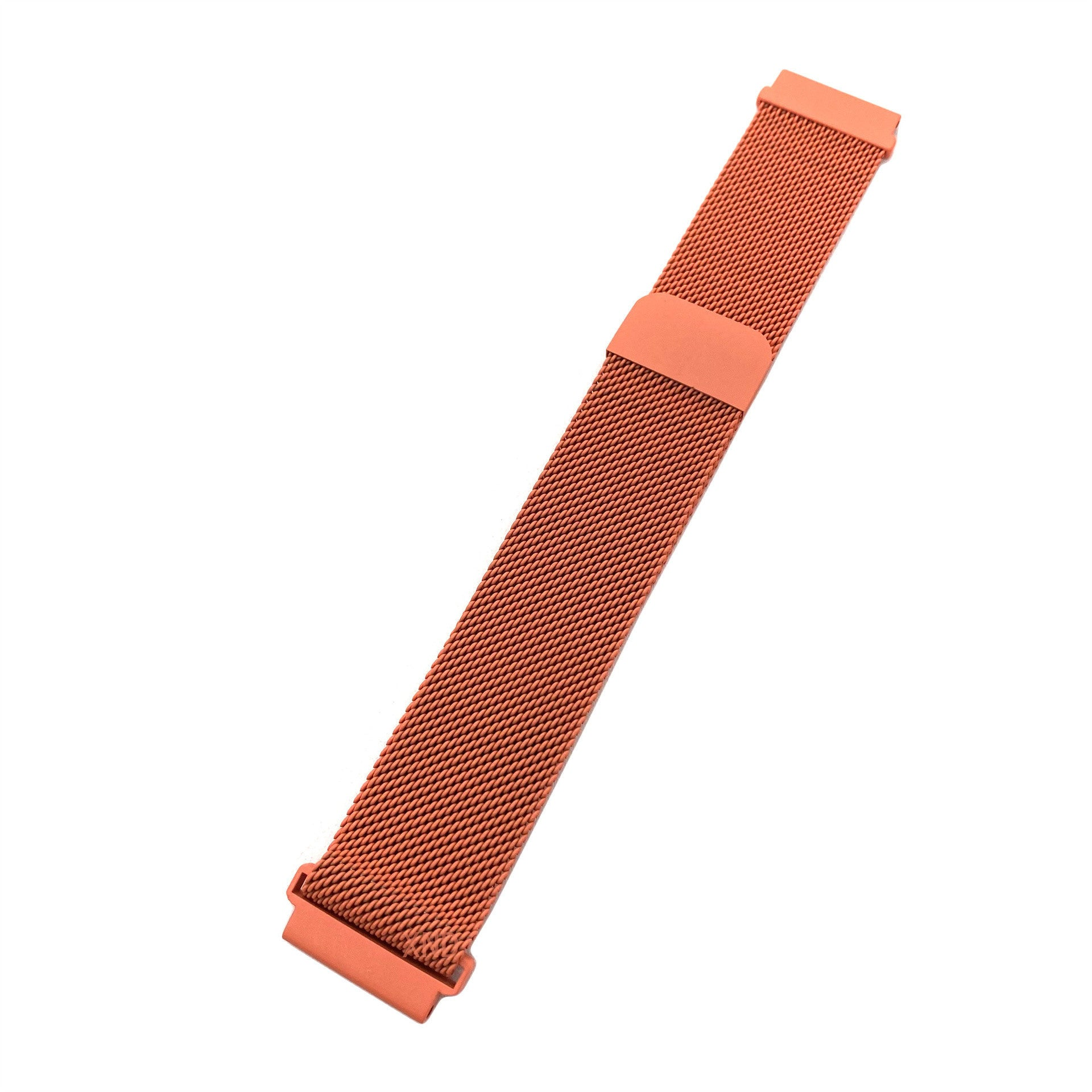 Ein orangefarbenes Metall-Uhrenarmband auf weißem Hintergrund. Das Armband ist diagonal ausgerichtet.