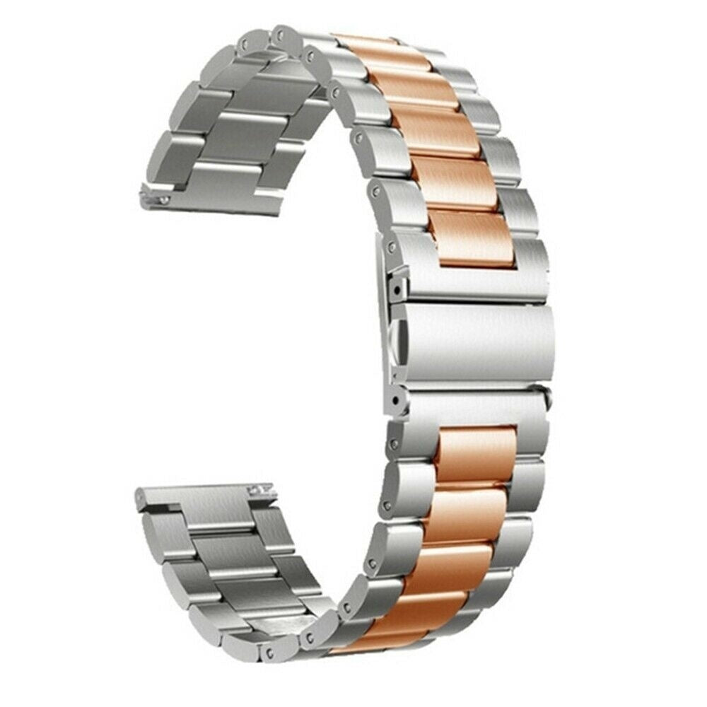 Ein Edelstahl- und Roségold-Uhrenarmband wird in gebogener Form gezeigt. Das Band besteht aus rechteckigen Metallgliedern.