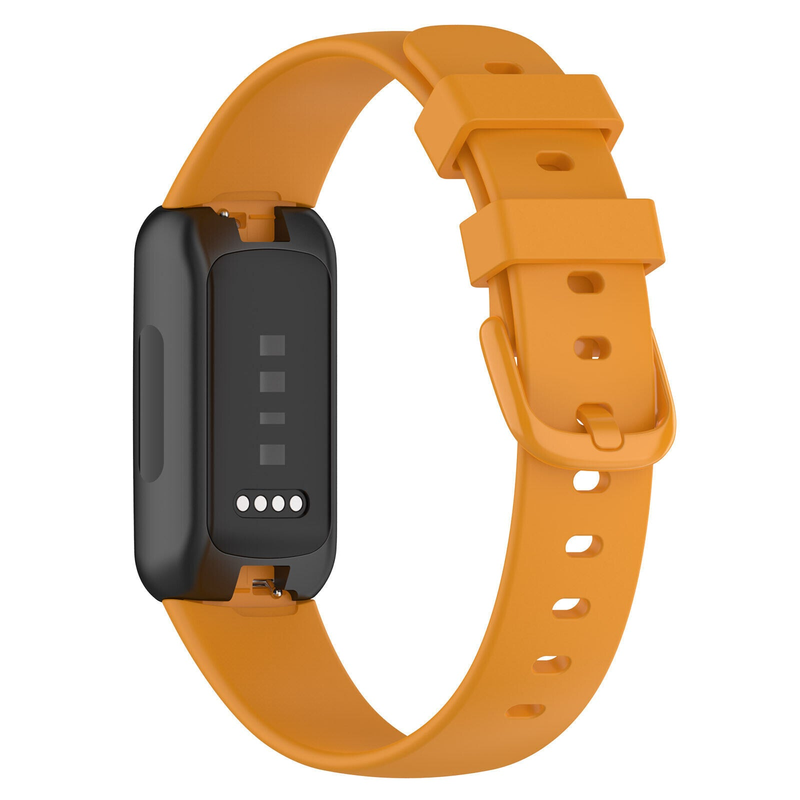 Ein orangefarbener Fitness-Tracker mit schwarzem Bildschirm und Armband. Das Armband ist mit einer Schnalle geschlungen.