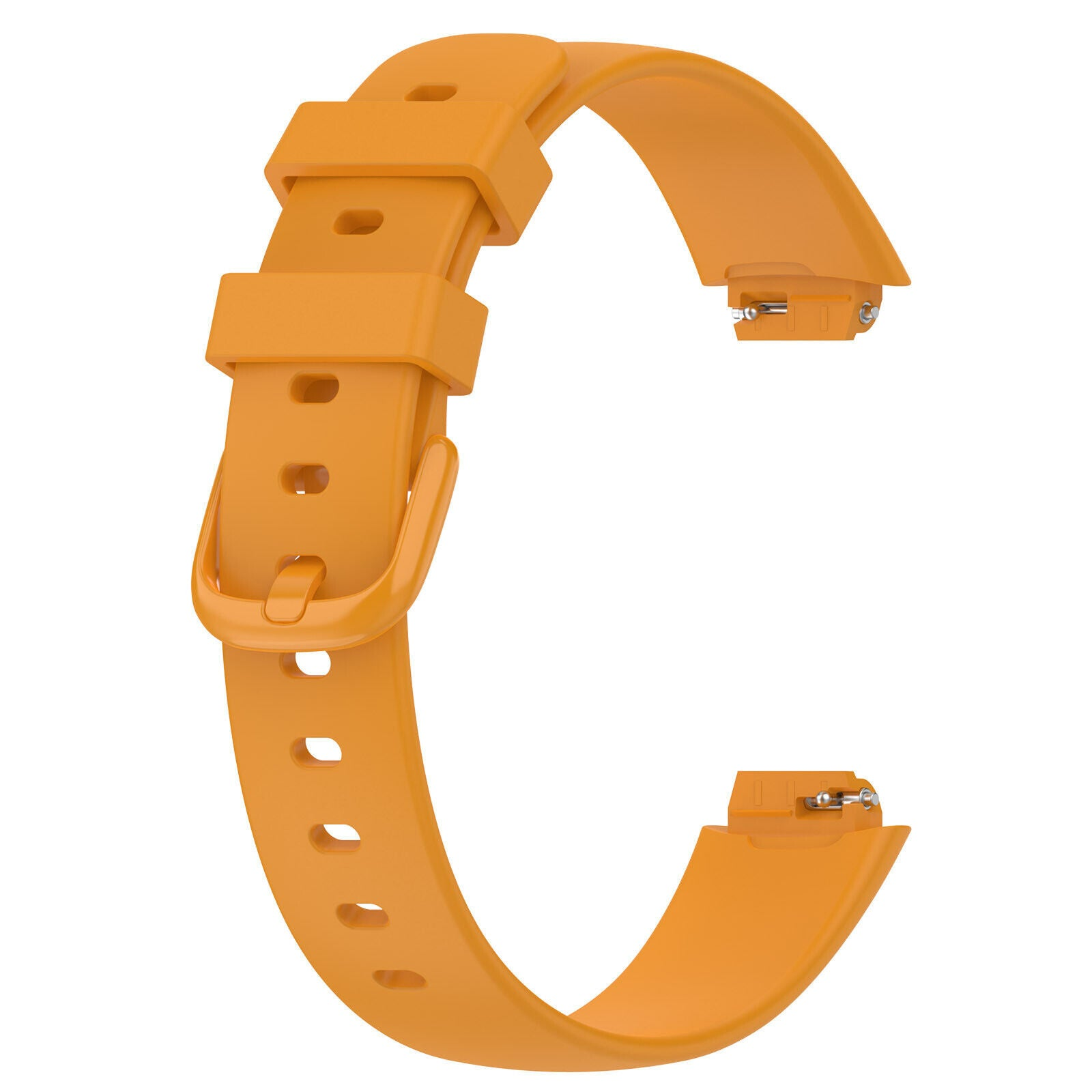 Orangenes Uhrenarmband mit Schnalle und mehreren Einstelllöchern. Das Armband hat eine C-Form, mit silbernen Metallverbindern.