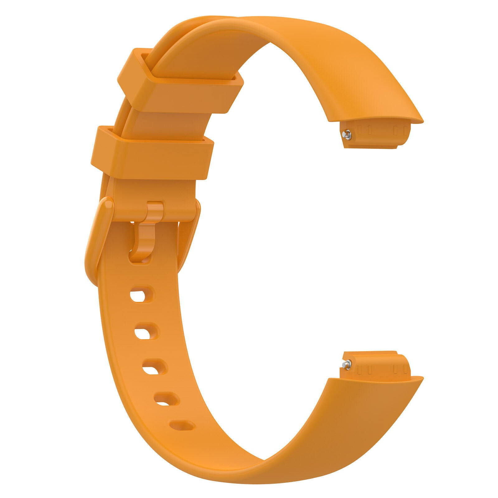 Oranges Uhrenarmband in C-Form. Es hat eine Schnalle und mehrere Löcher zur Anpassung. Der Hintergrund ist weiß.