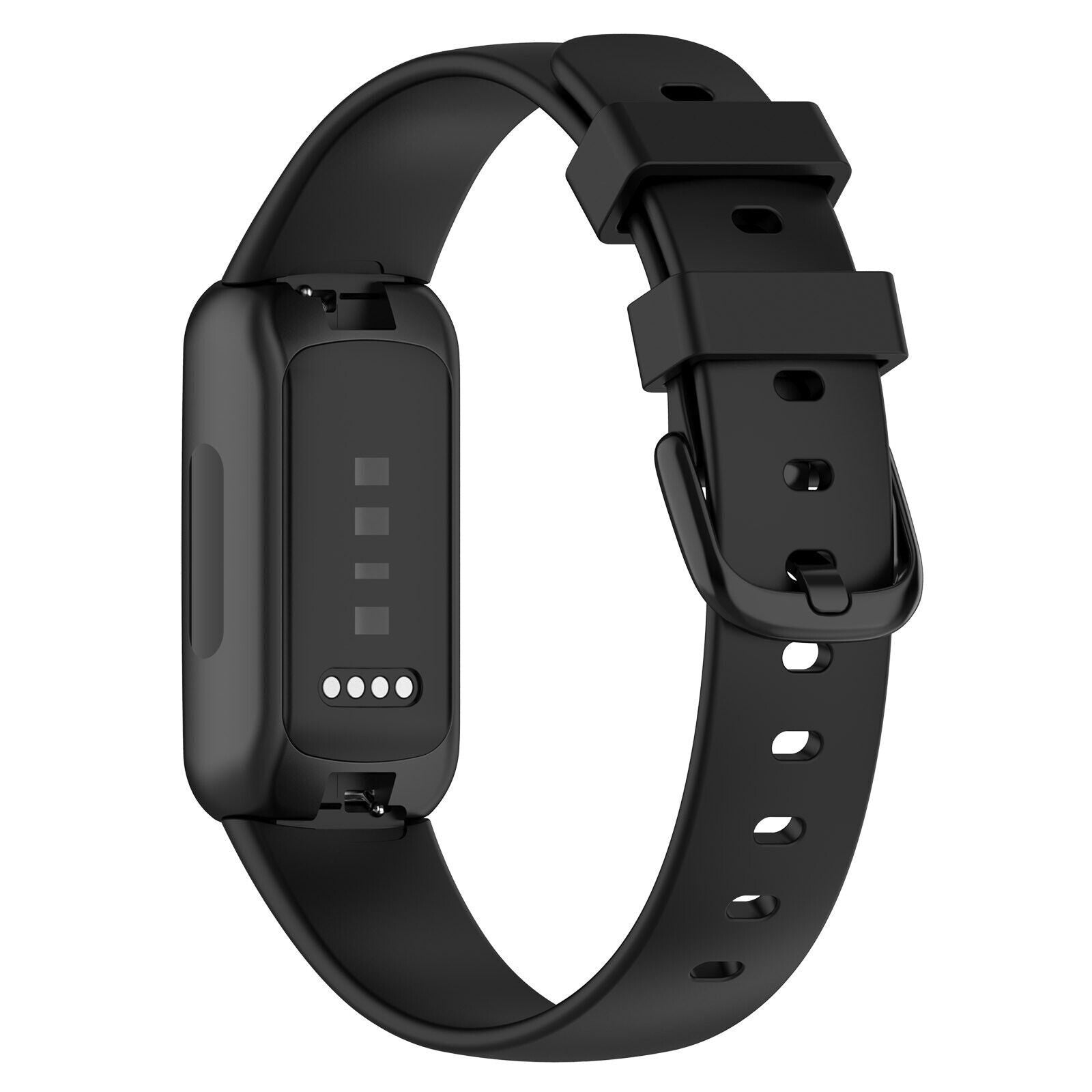 Ein schwarzer Fitness-Tracker mit Armband. Der Bildschirm hat vier kleine Quadrate und vier Punkte. Schnallenband.