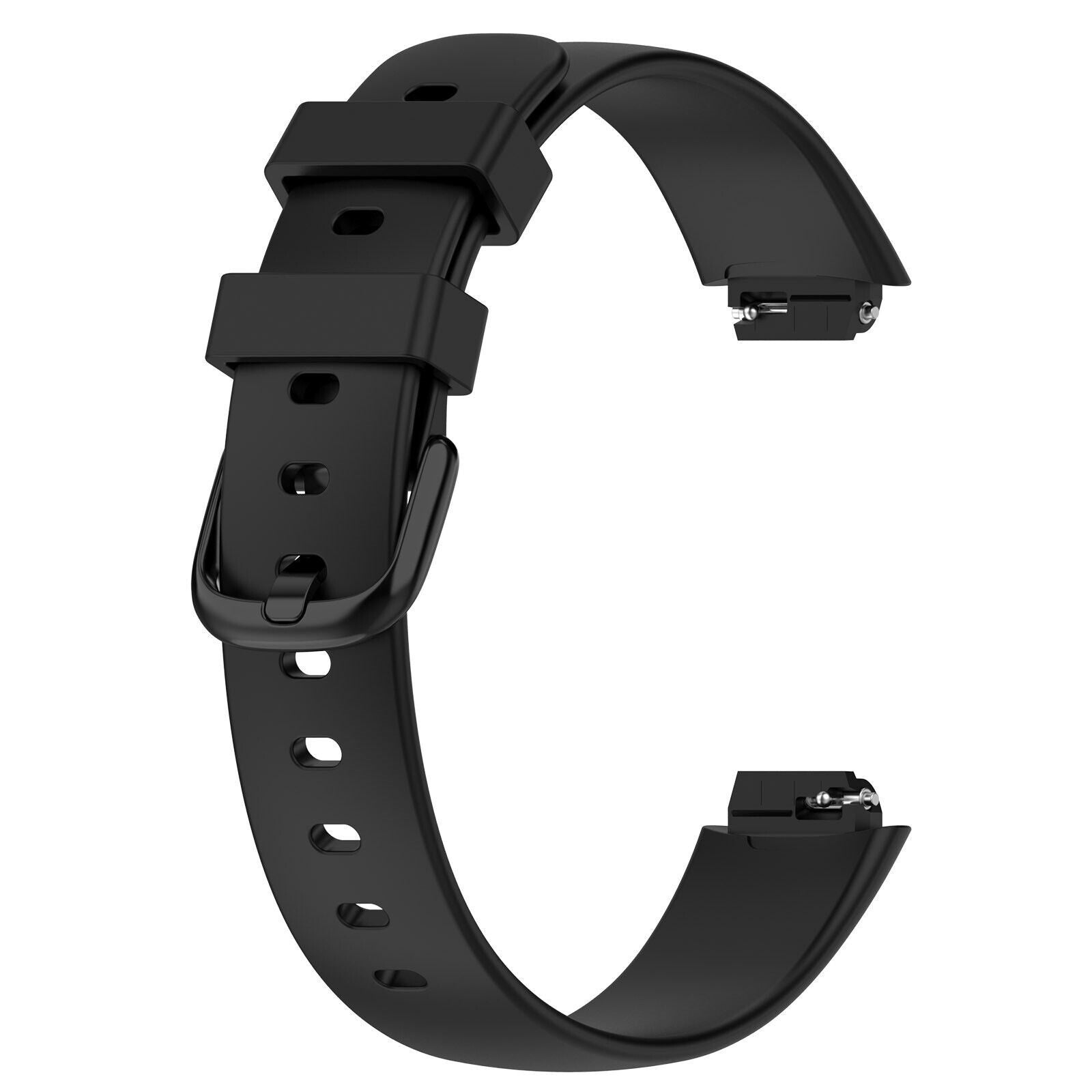 Schwarzes Armband, gebogen, mit Schnalle und Löchern. Metallstifte sind sichtbar. Weißer Hintergrund.