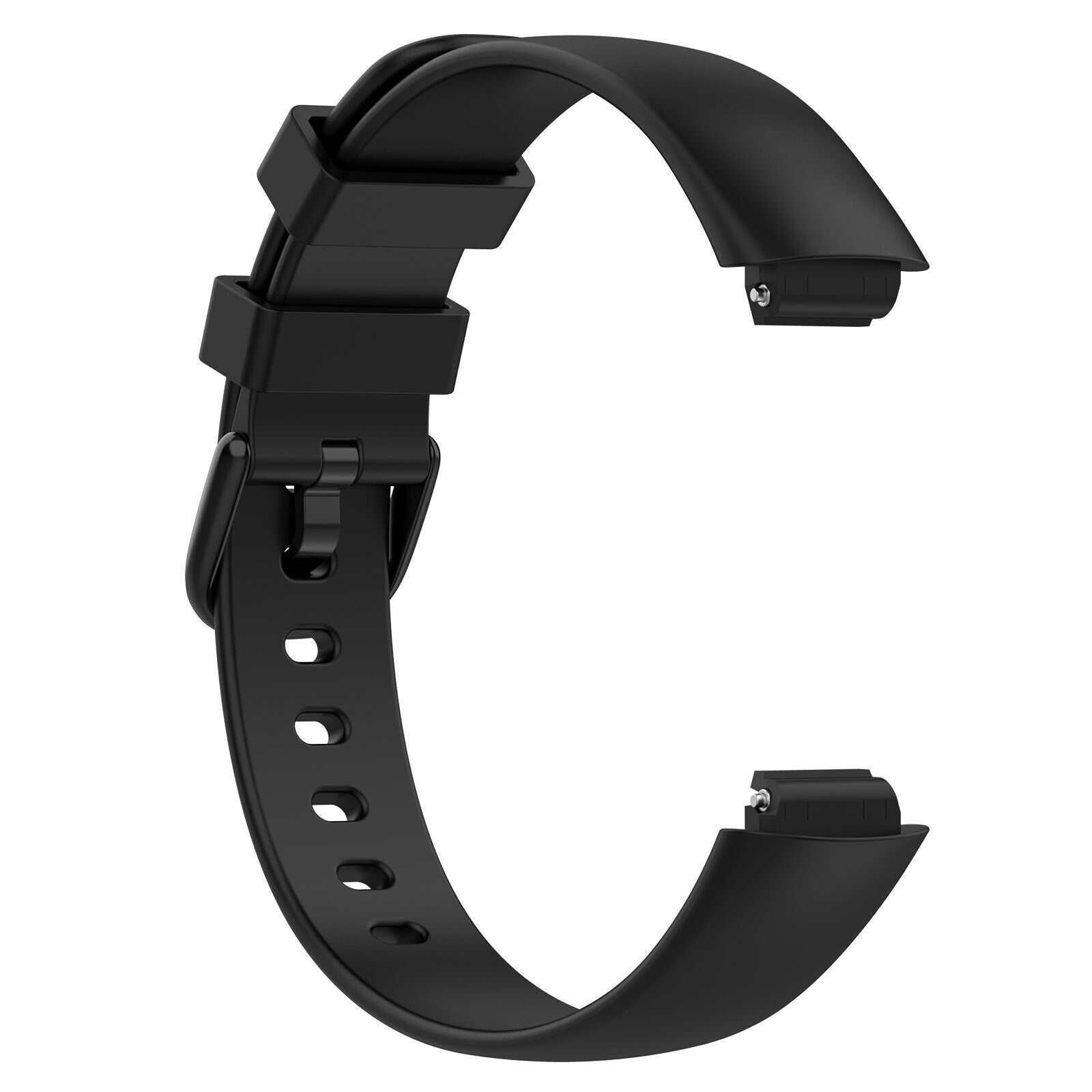 Schwarzes Armband, gebogene Form, mit Schnalle und Löchern zur Anpassung. Der Riemen befindet sich auf weißem Hintergrund.