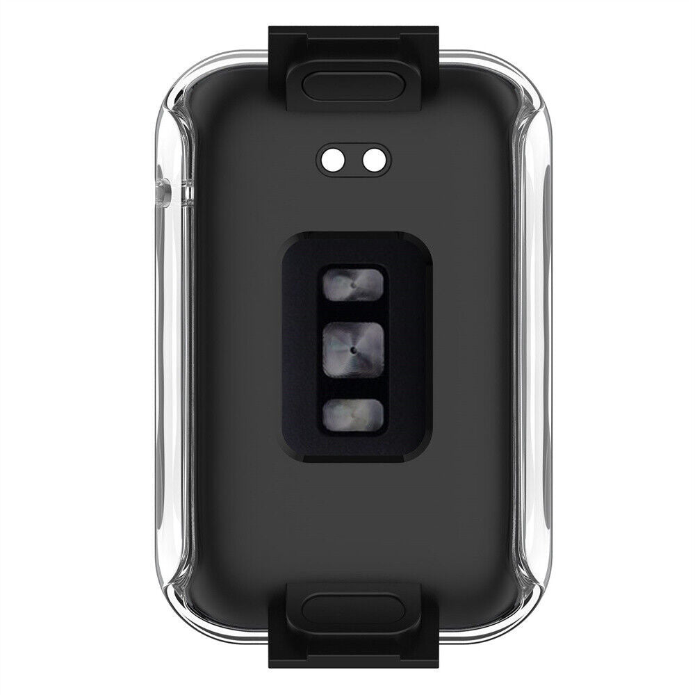 Schwarzer Fitnesstracker mit klarer Schutzhülle. Verfügt über zwei kreisförmige Sensoren, drei rechteckige Sensoren und zwei Armbandanschlüsse.