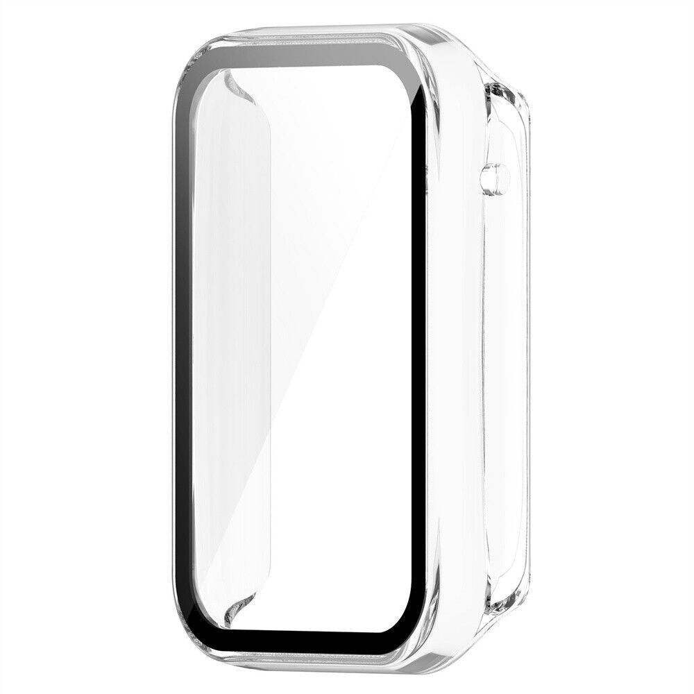 Eine transparente Uhrenhülle mit schwarzem Rahmen. Es ist eine Schutzhülle, mit klarem Bildschirm und leicht geschwungenem Design.