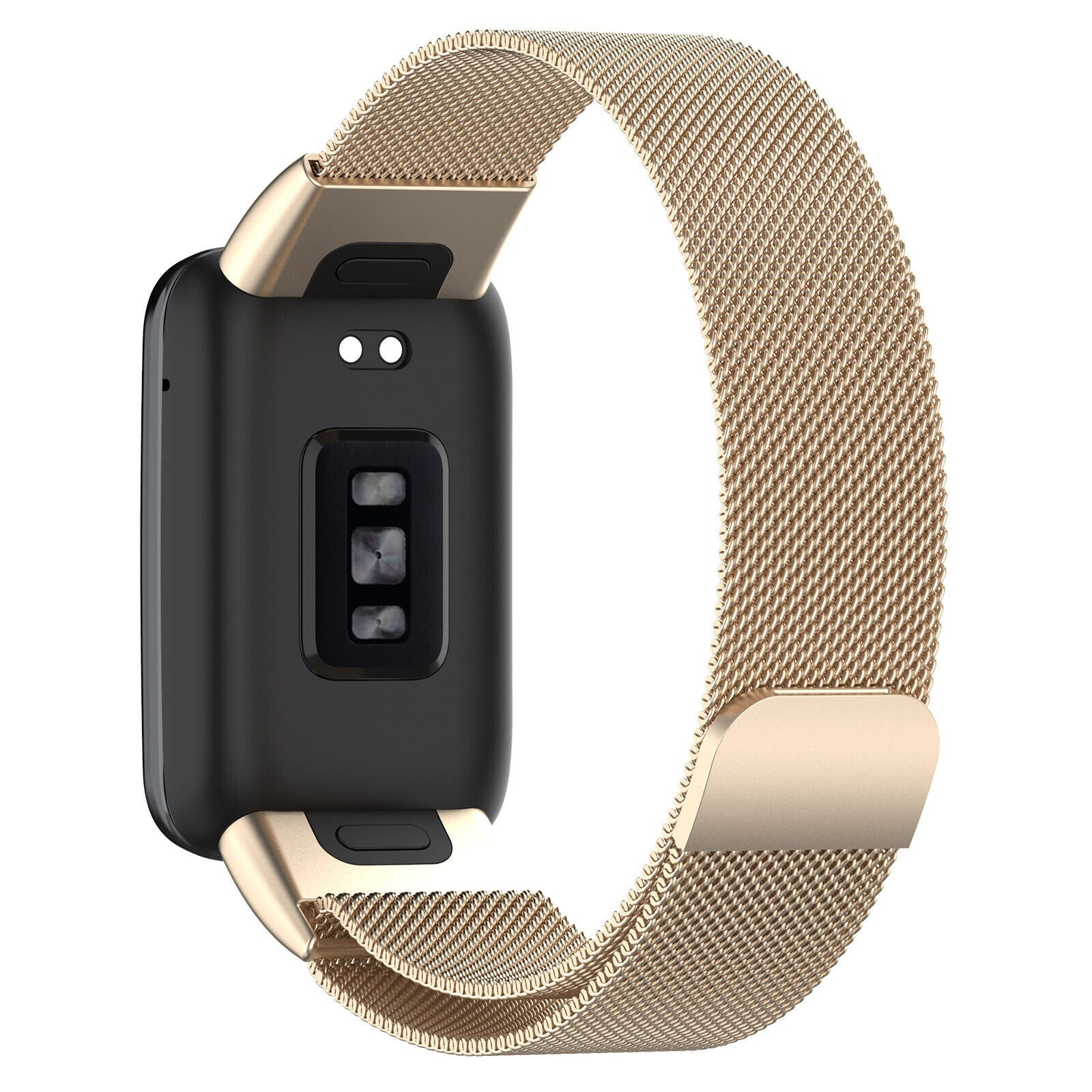 Schwarzer Fitness-Tracker mit goldenen Akzenten und einem goldenen Mesh-Band. Das Band bildet eine Schleife. Weißer Hintergrund.