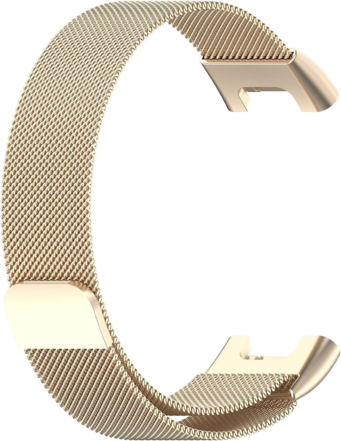 Ein goldfarbenes Uhrenarmband liegt auf weißem Grund. Das Band besteht aus Mesh mit einem Verschluss an jedem Ende.