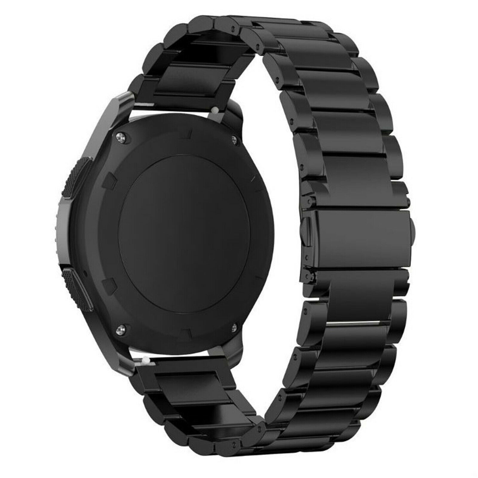 Schwarze Smartwatch mit passendem Metallarmband. Die Uhr ist kreisförmig und zeigt die Rückseite. Das Armband ist verbunden.
