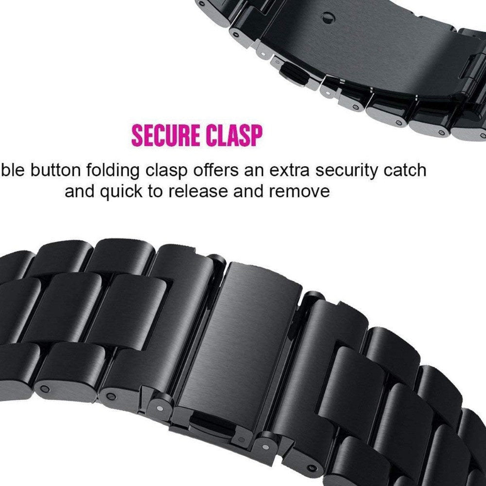 Schwarzer Uhrenarmbandverschluss, Text 'SECURE CLASP'. Details eines Klappverschlusses mit zusätzlichem Sicherheitsverschluss.
