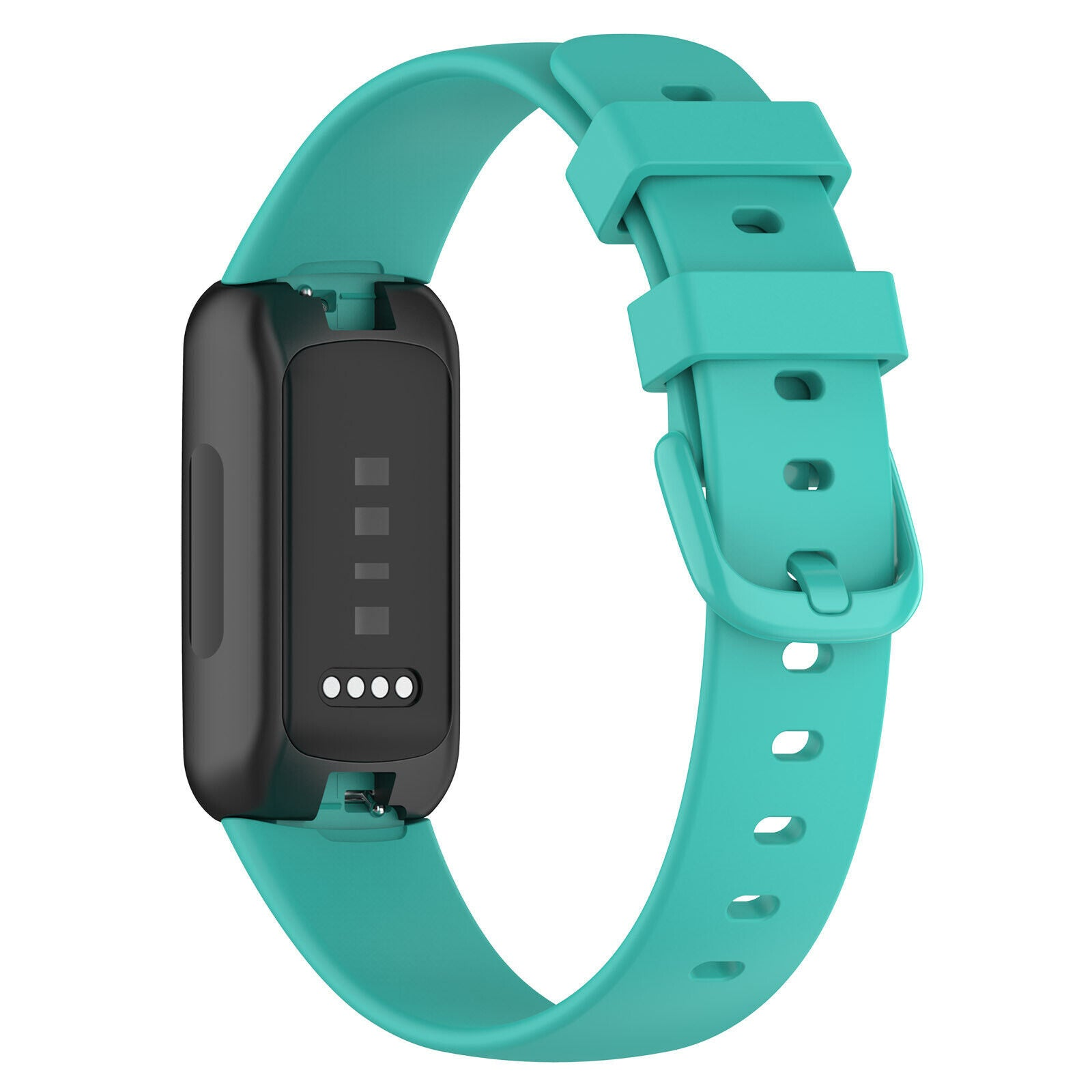 Ein türkisfarbenes Smartwatch-Armband mit schwarzem Zifferblatt. Das Armband ist geschlungen. Vier Punkte zeigen den Akkustand an.
