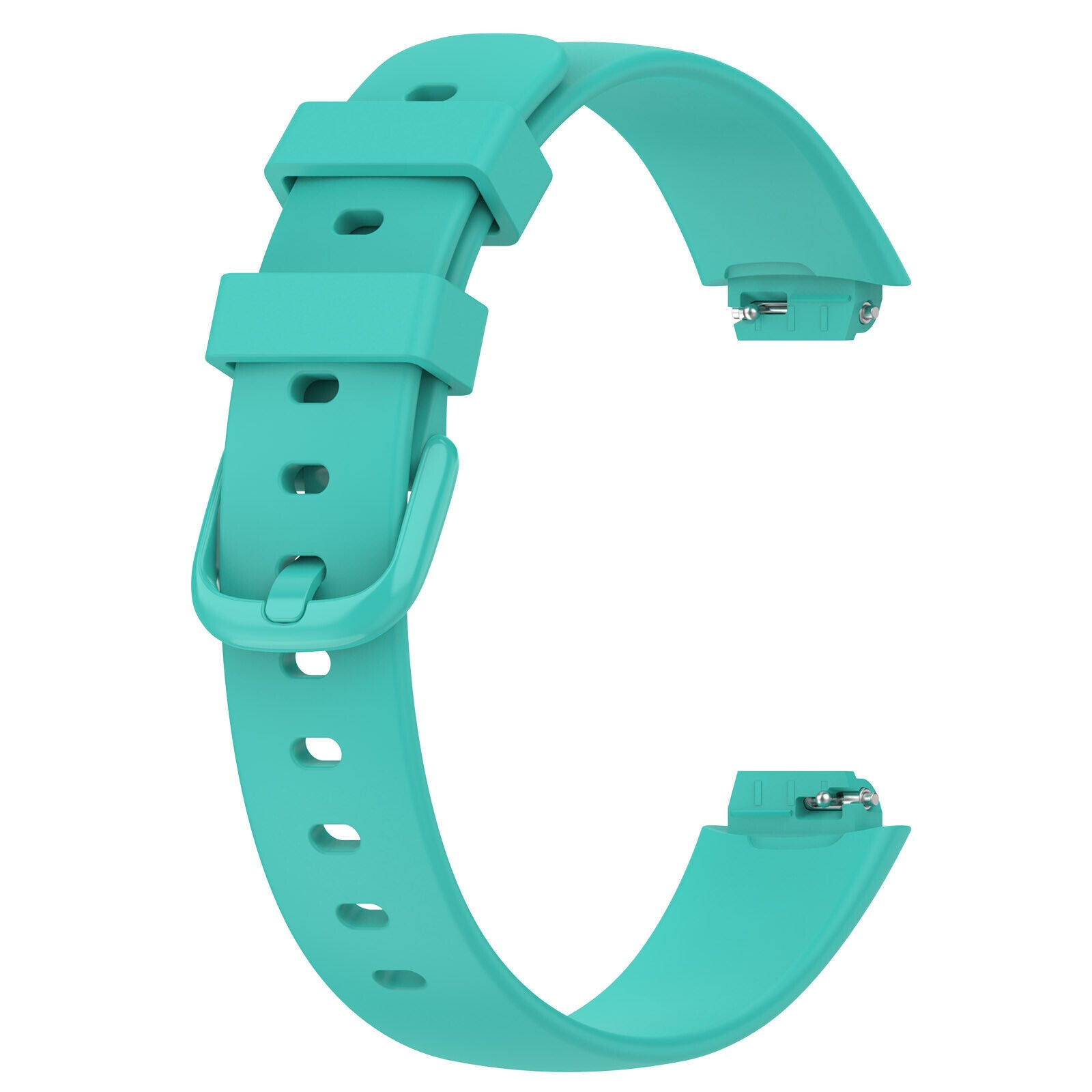 Ein türkisfarbenes Uhrenarmband wird vor einem weißen Hintergrund dargestellt. Es hat eine Schnalle, einen Verschluss und mehrere Löcher zur Anpassung.
